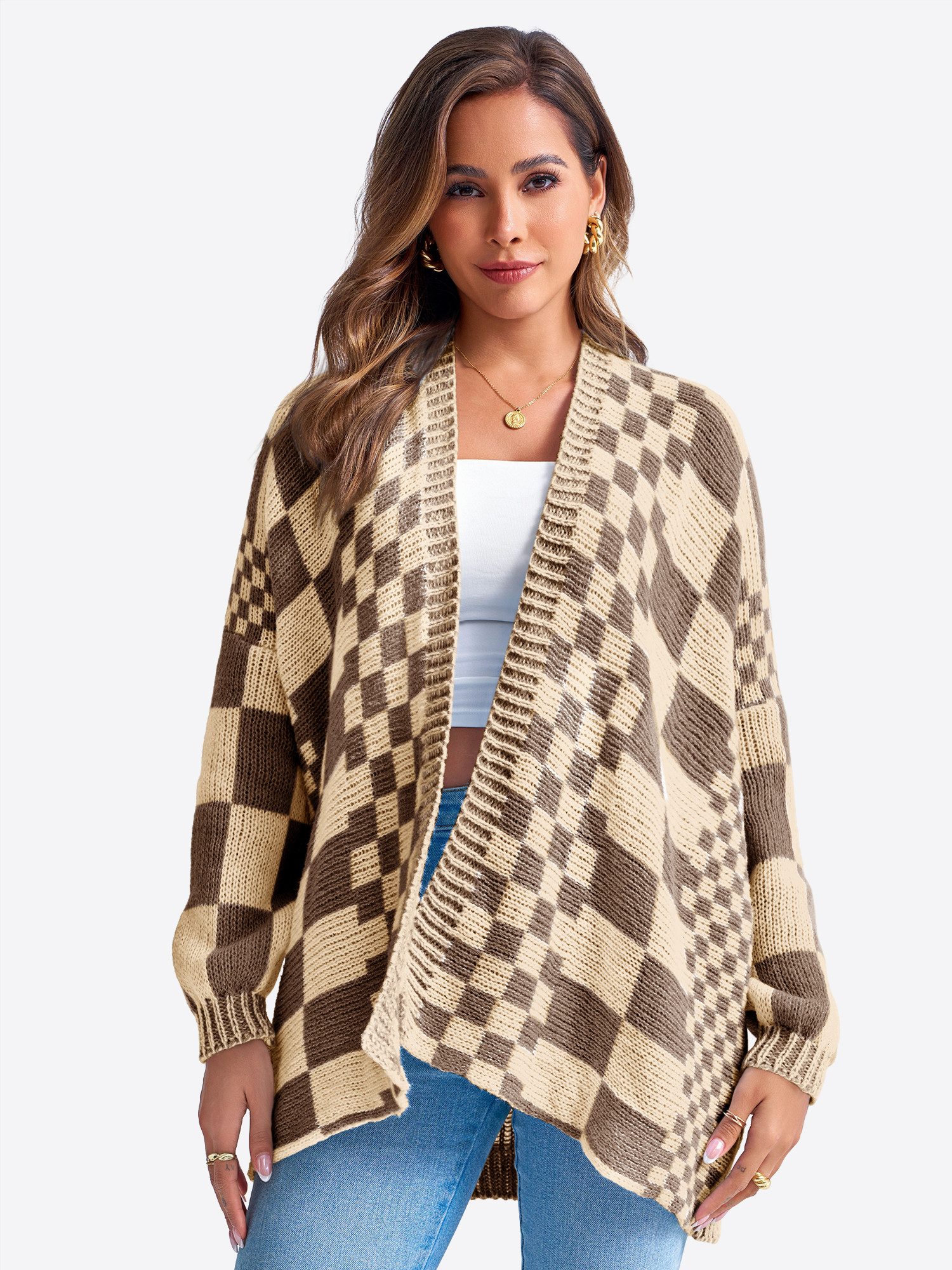 Imily Bela Cardigan Damen Oversize Strickjacke mit Karomuster (Packung, 1-t günstig online kaufen