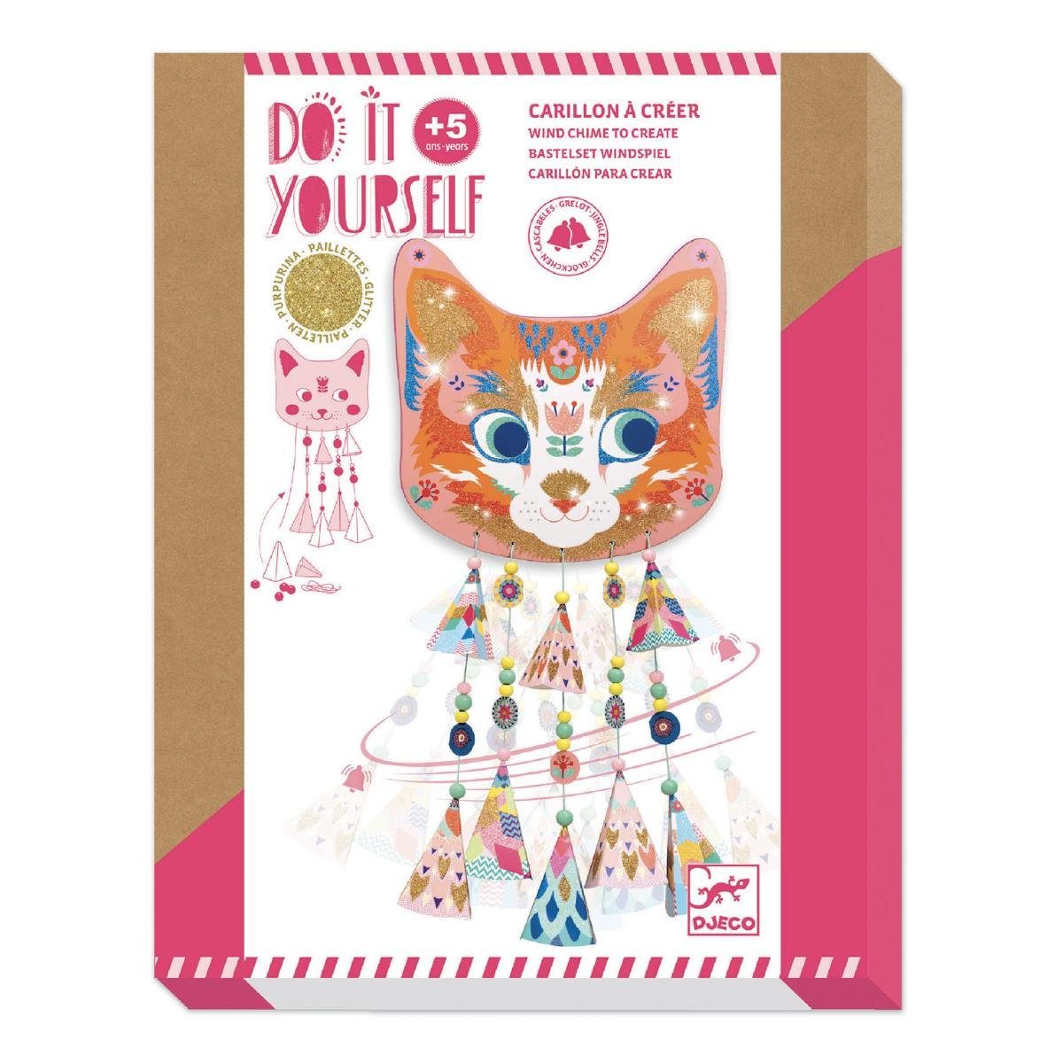 DJECO Kreativset DIY: Windspiel Kitty Glitzer Bastelset für Kinder ab 5 Jahren