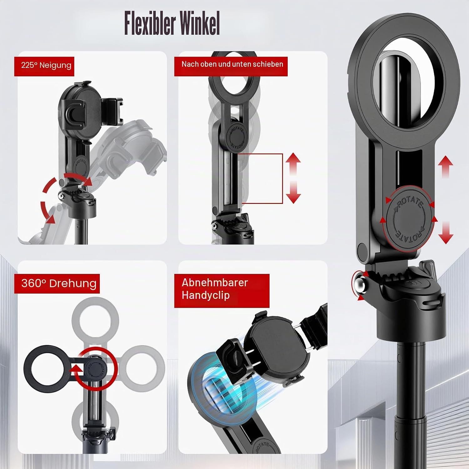 FELIXLEO Selfie-Stick 4 in 1 Selfie Stick magnetisch, Mini Stativ, Fernauslöser, Kaltschuh – Bild 4 von 5