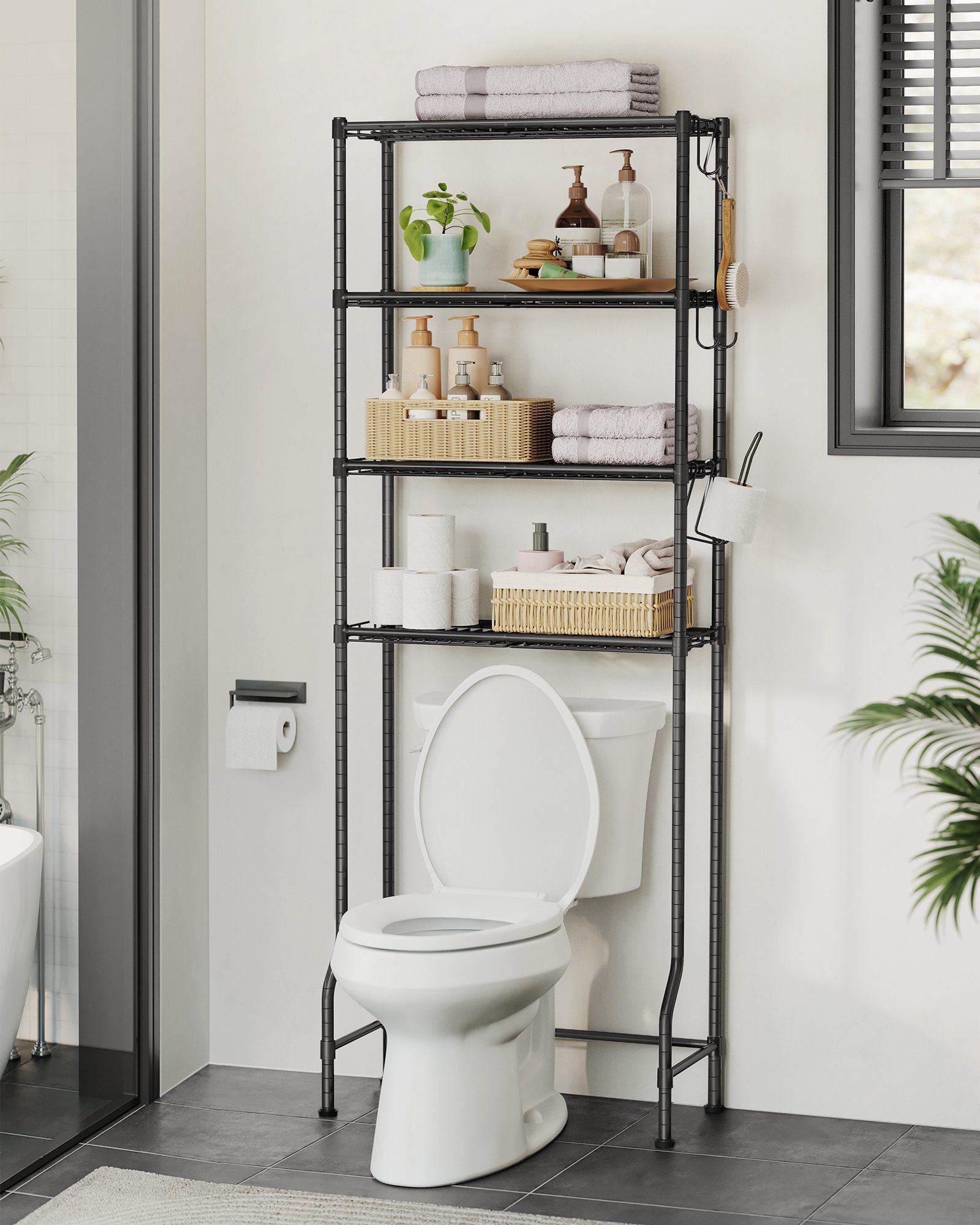 SONGMICS Badregal Badezimmerregal, 4-stöckiges Toilettenregal, verstellbare Ablagen Toilettenpapierhalter