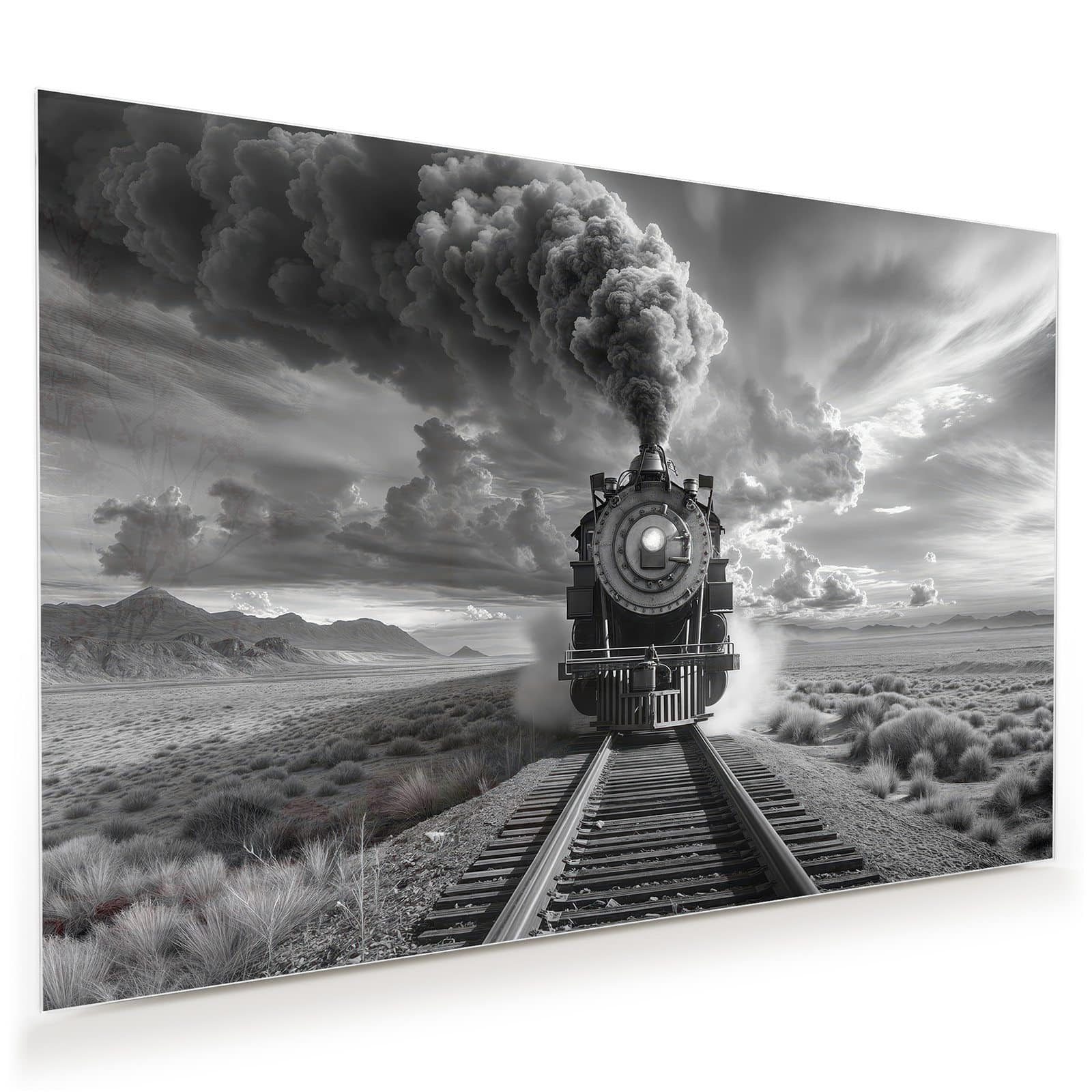 Primedeco Glasbild Wandbild Dampflok in Wüste mit Aufhängung, Fahrzeuge (21 verschiedene Größen, 1 St), Elegante Aufhängung