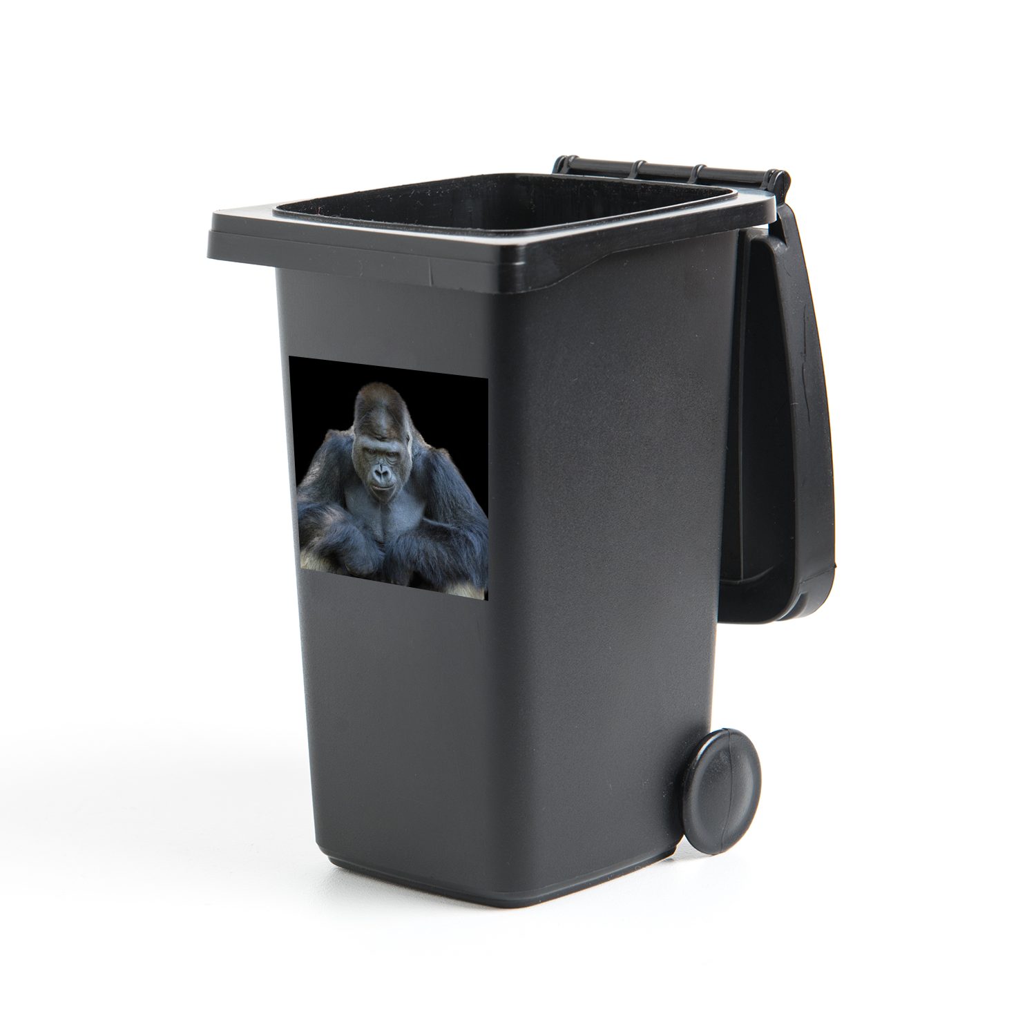 Wandsticker MuchoWow Mülltonne, Ein in Kamera St), die (1 Container, Mülleimer-aufkleber, schaut eindrucksvoll Abfalbehälter Gorilla Sticker,