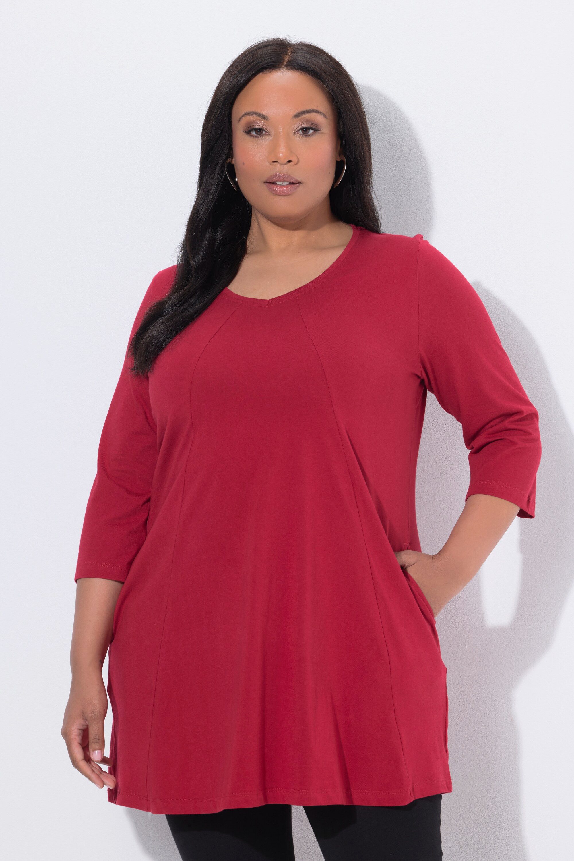 Ulla Popken Longshirt Longshirt Ziernähte A-Linie V-Ausschnitt 3/4-Arm