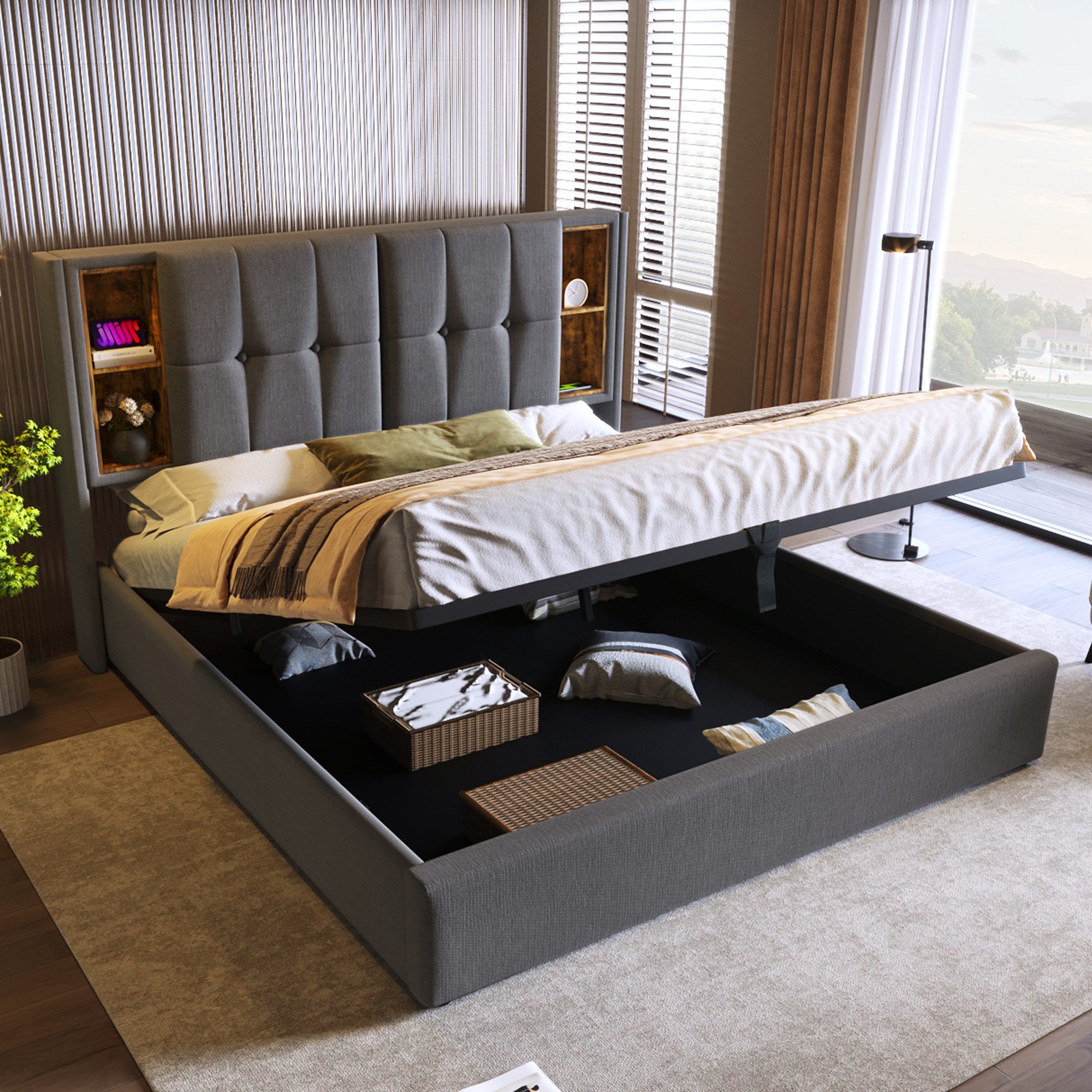 TavilaEcon Boxspringbett Doppelbett mit Kabellosem Laden USB C und Stauraum (1-St), mit Lattenrost aus Holz, 180×200cm, grau