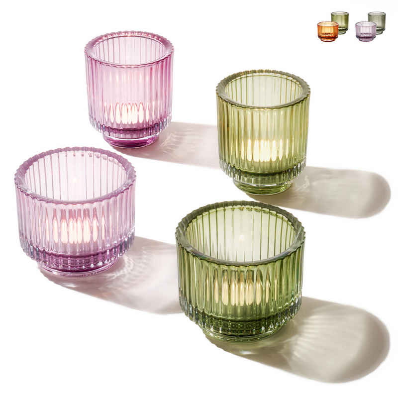 Praknu Teelichthalter Glas Set - Teelichtgläser Grün - Teelichter Glas Lila Für Tischdeko (4 St), Stabile Kerzenhalter mit Stil für Heimdekoration & Hochzeit