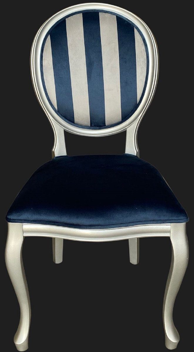 Casa Padrino Esszimmerstuhl Barock Esszimmer Stuhl Blau / Silber - Handgefertigter Antik Stil Stuhl mit Streifen - Esszimmer Möbel im Barockstil