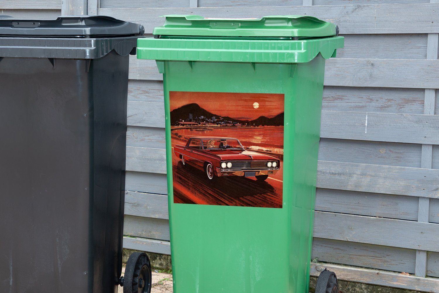 MuchoWow Wandsticker St), Mülleimer-aufkleber, in Illustration bei Sonnenuntergang den Sticker, Oldtimers eines Mülltonne, (1 Container, Bergen Abfalbehälter