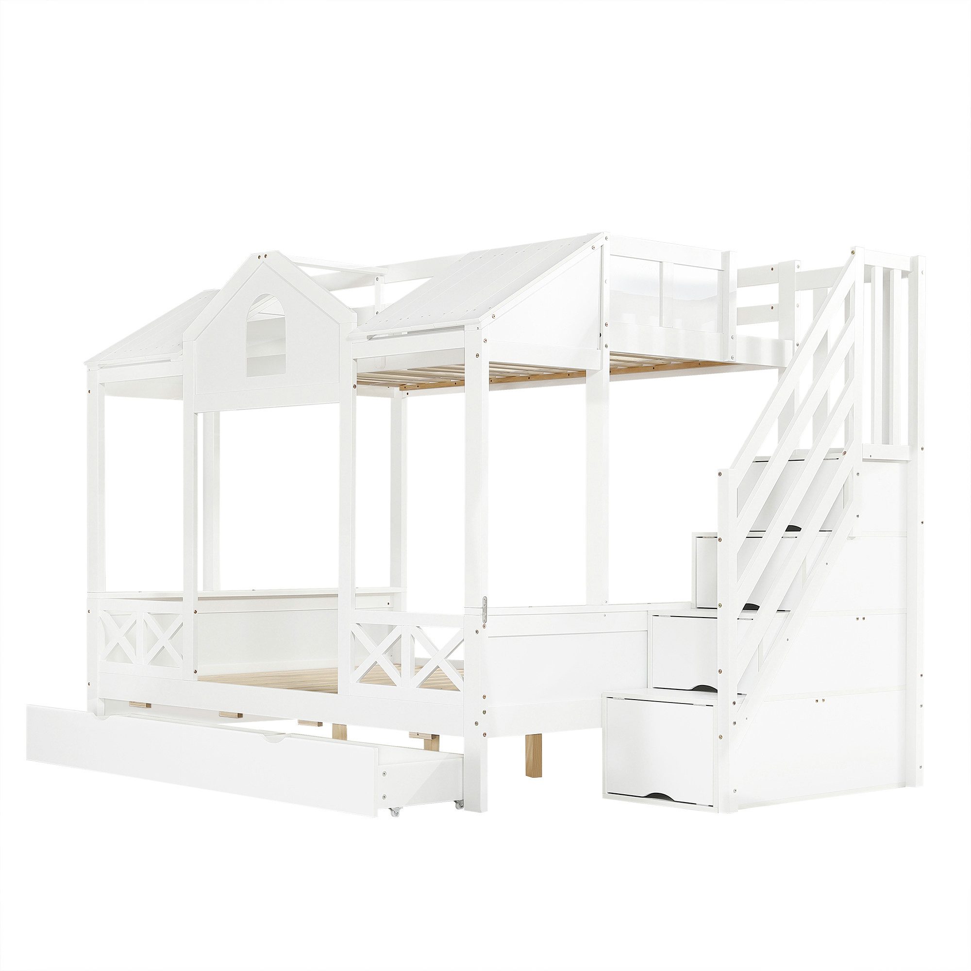 ANYSUN Etagenbett Kinderbett, Zwei Schubladen mit Rollen (Set, Bett), 2 Liegeflächen, mit Leiterrückseitige Regale