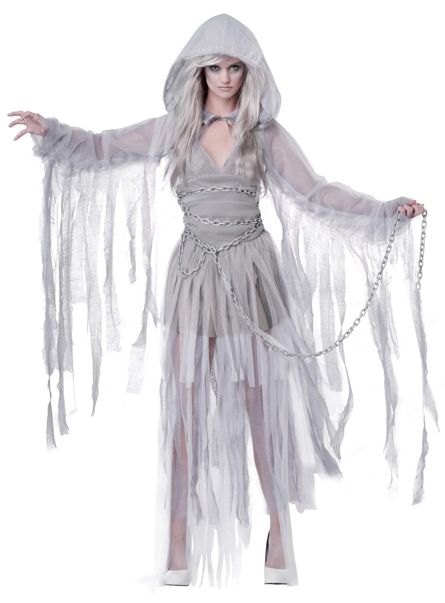 Metamorph Kostüm Schlossgeist Kleid - Horror Halloween Kostüm Damen, Schauriges Spukgespenst mit rasselnder Kette