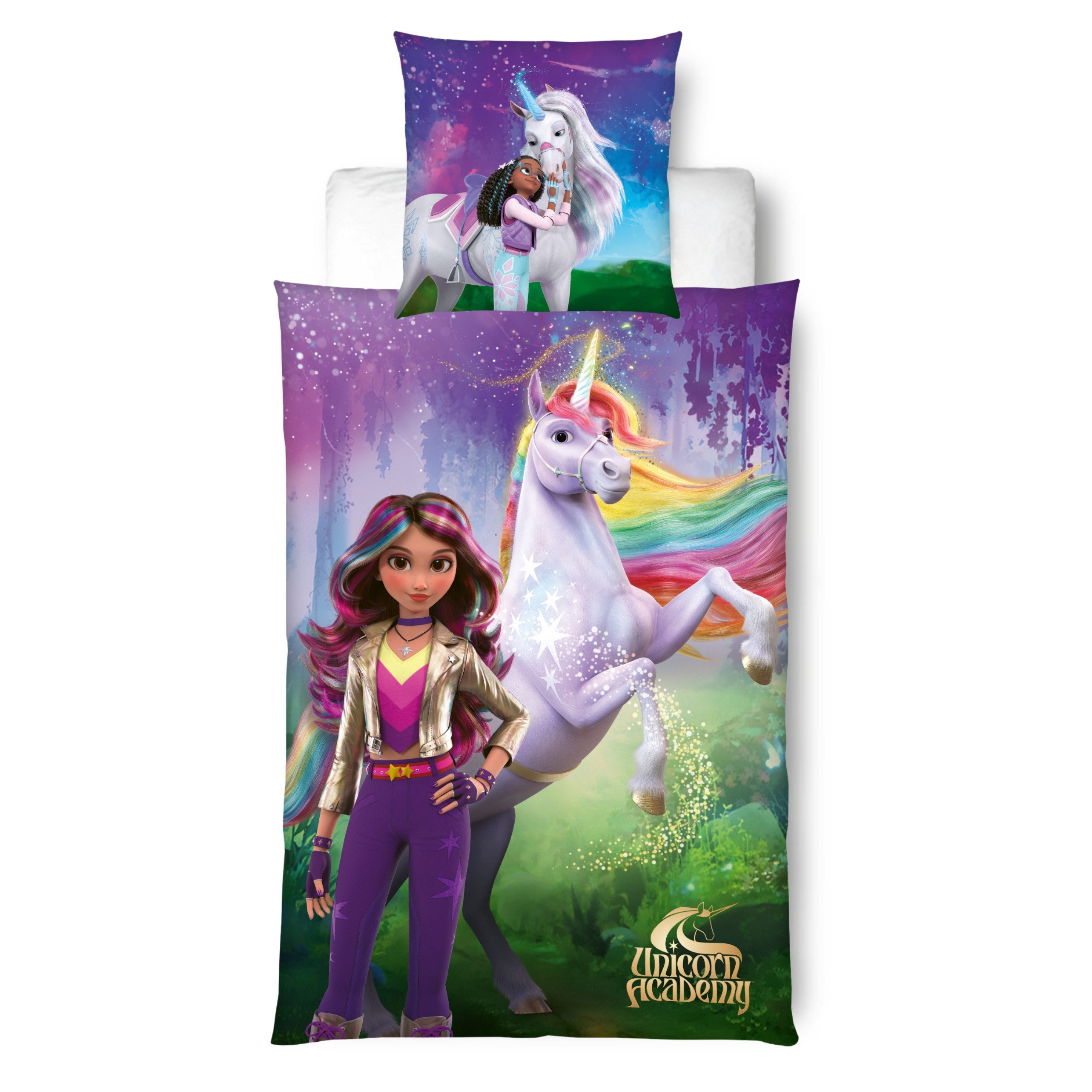 MTOnlinehandel Kinderbettwäsche Unicorn Academy Einhorn 135x200 + 80x80 cm, magisches Design, 100% Microfaser, 2 teilig, Farbenfrohes Motiv für kleine Einhorn-Fans – weich und pflegeleicht