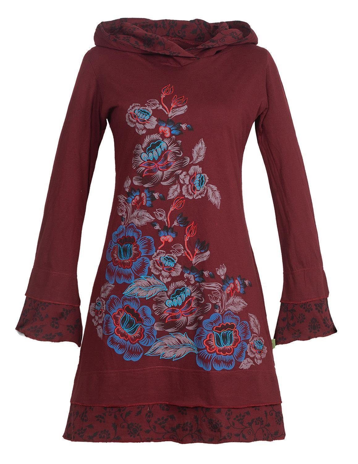 Midikleid Langarm Damen Lagenlook Kapuzen-Kleid Jerseykleid Hoodie Blumen-Kleid