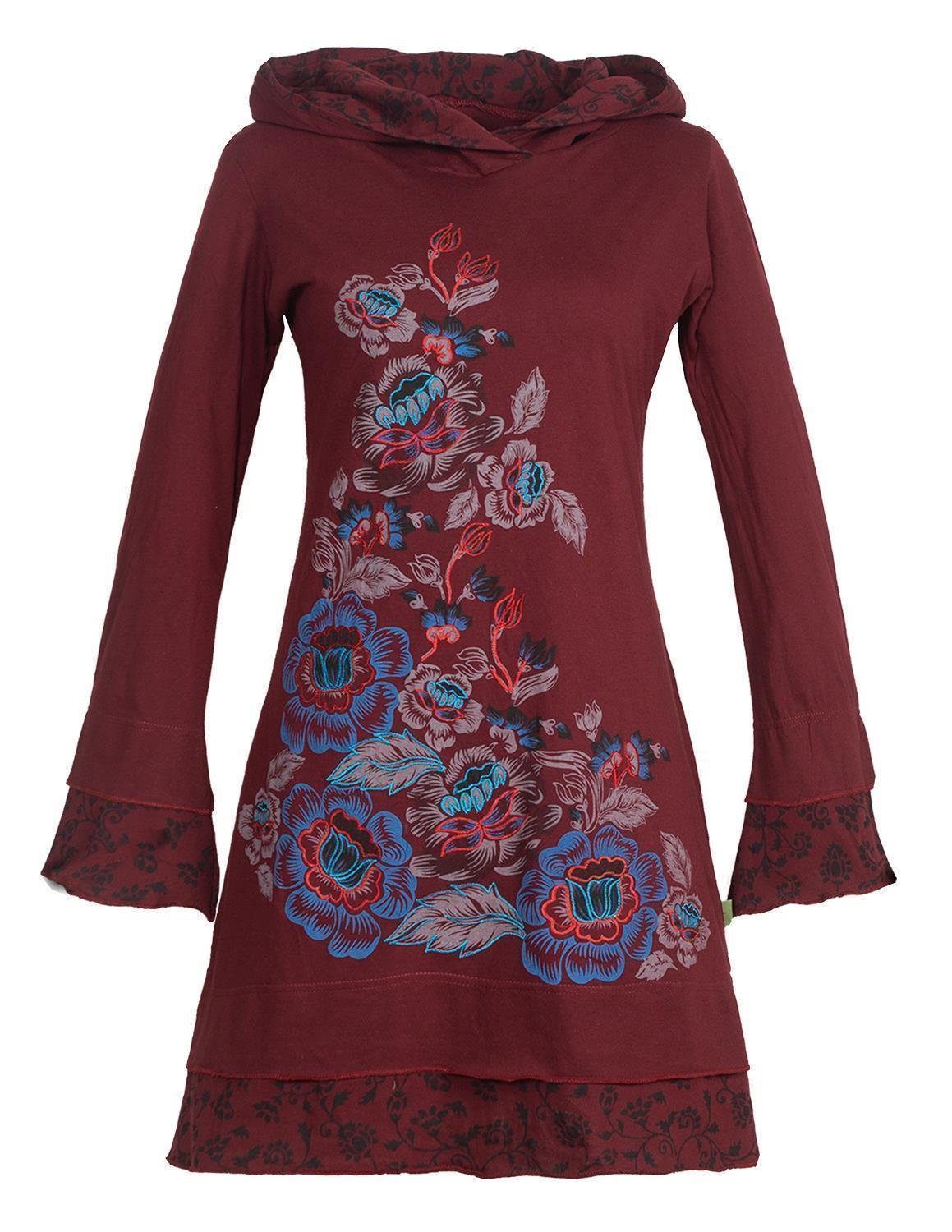 Vishes Midikleid Langarm Damen Lagenlook Kapuzen-Kleid Jerseykleid Hoodie Blumen-Kleid Elfen, Hippie, Boho, Goa Style dunkelrot