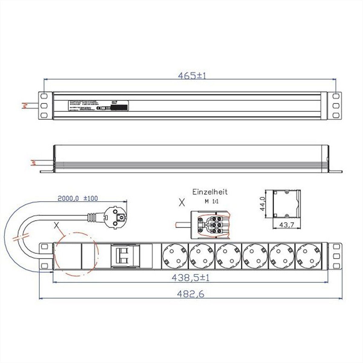 19-Zoll-Rack m) 7x (Kabellänge Bachmann 2 Handwerkerleiste Schalter, Schutzkontakt, kompatibel Steckdosenleiste