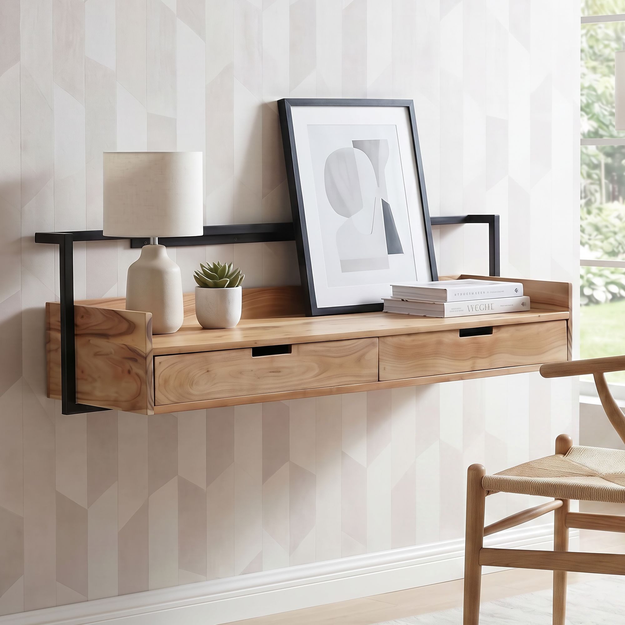 Wohnling Schreibtisch WL7.440 Wandschreibtisch 120cm Massivholz Schreibtisch Schwebend (Platzsparender Laptoptisch aus massiver Akazie), Bürotisch mit Schubladen und robustem Metallrahmen
