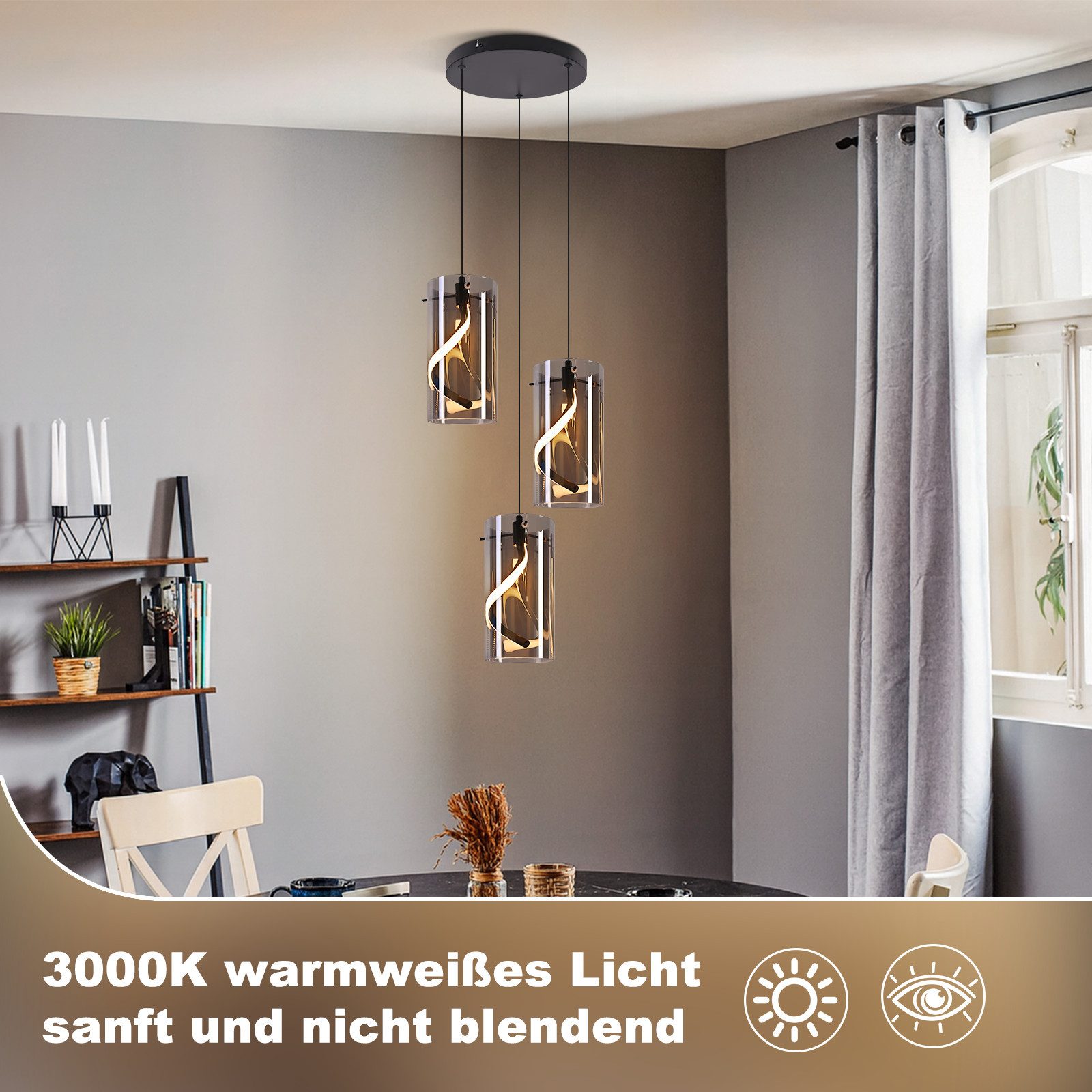 ZMH LED Pendelleuchte Esstisch Hängelampe Modern 3000K Hängeleuchte Glas 1/3 Flammig, LED fest integriert, Warmweiß, 8W Schwarz Pendellampe für Wohnzimmer Esszimmer Küche