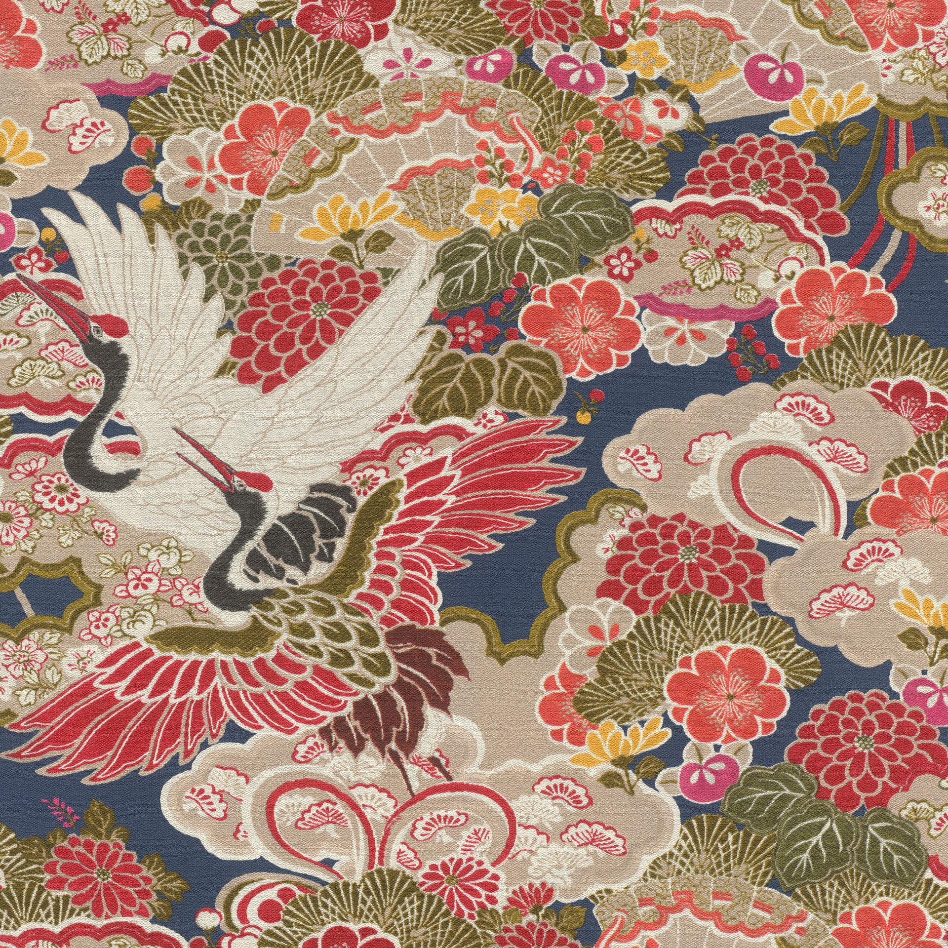 lichtbeständig, Vliestapete blau/bunt asiatisch, Kimono, Rasch (1 gut strukturiert, St), hochwaschbeständig gemustert,