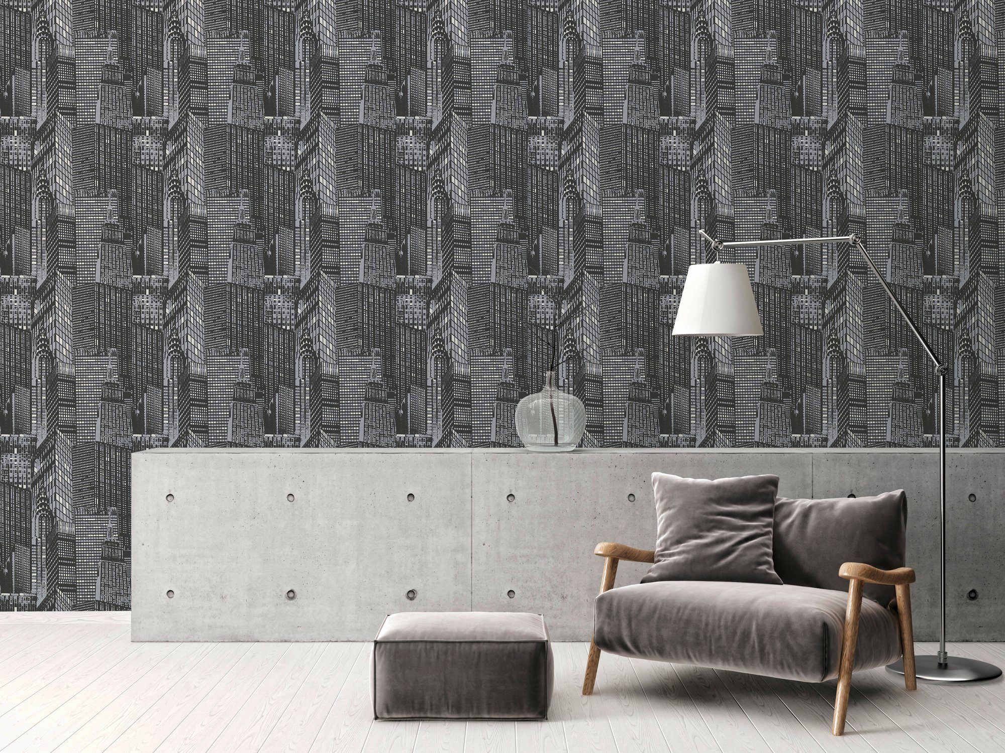 A.S. Création Vliestapete Decoro leuchtet im Dunkeln, strukturiert, Stadt, gemustert, Motiv, Tapete Skyline City Vliestapete Tapeten Wohnzimmer Flur Design Optik