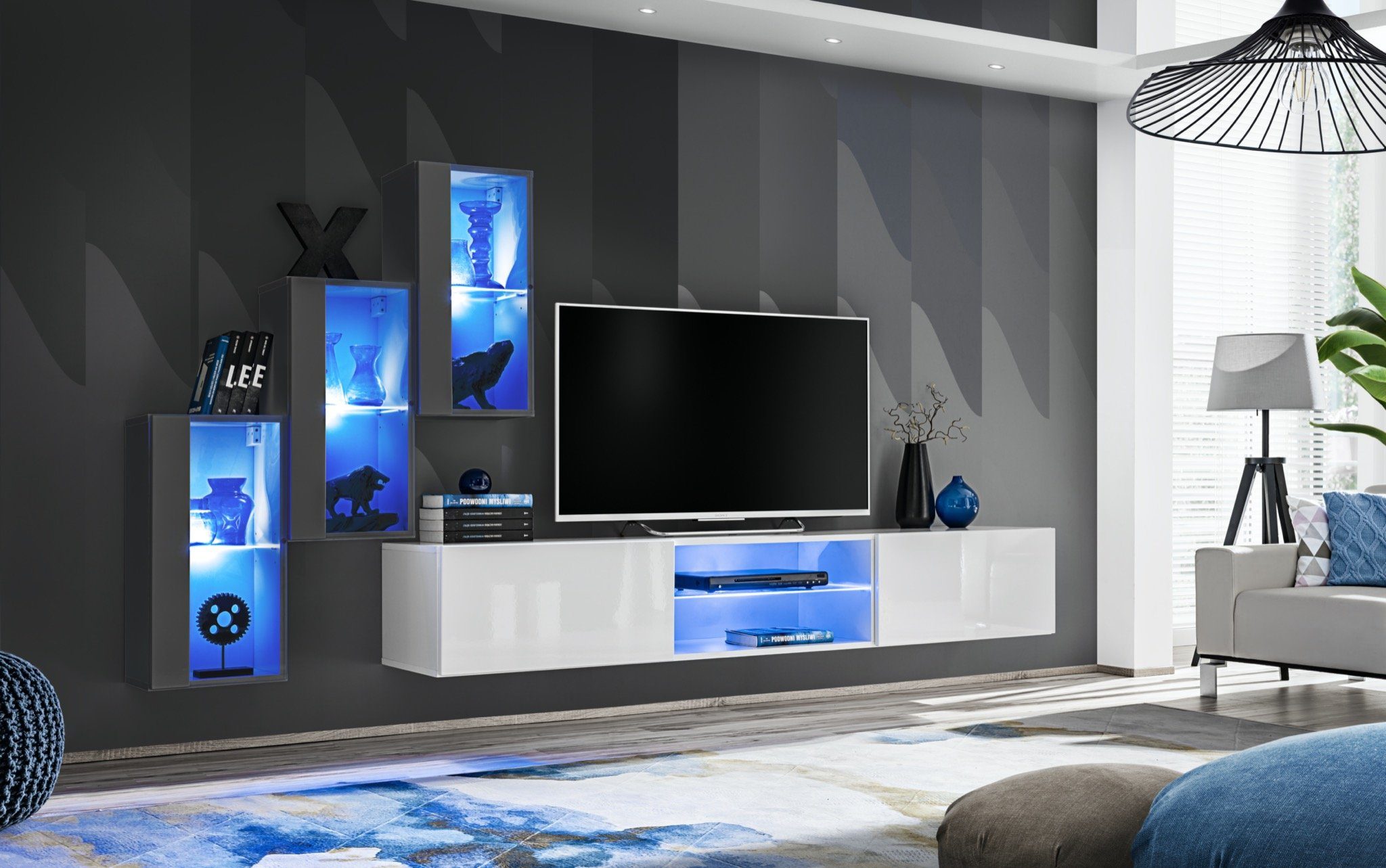 JVmoebel Wohnwand Luxus Möbel Designer Wohnwand TV-Ständer 3x Wandschrank Holzmöbel, (4-St., TV Ständer + 3x Hänge Vitrine), LED beleuchtet