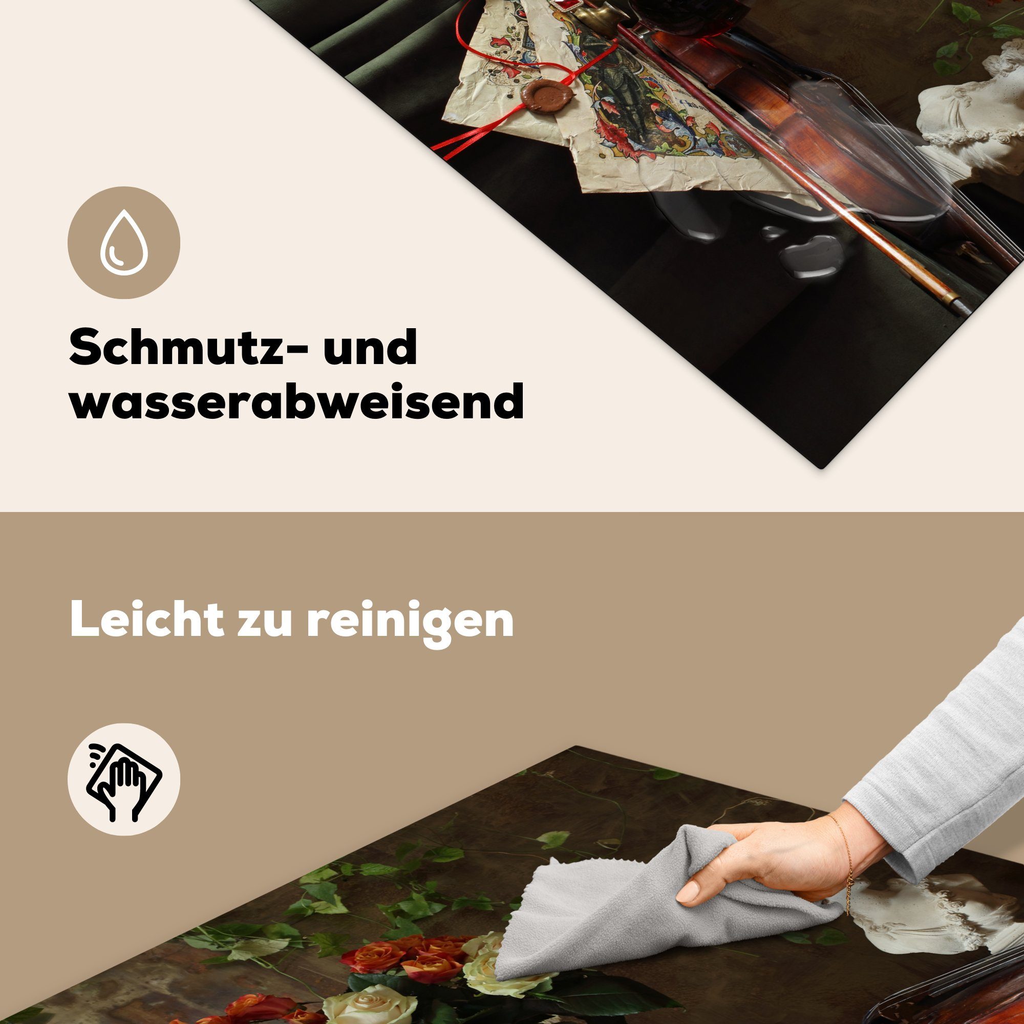 MuchoWow Herdblende-/Abdeckplatte Stilleben - cm, Geige, Vinyl, Rosen für küche (1 78x78 - tlg), Ceranfeldabdeckung, Arbeitsplatte