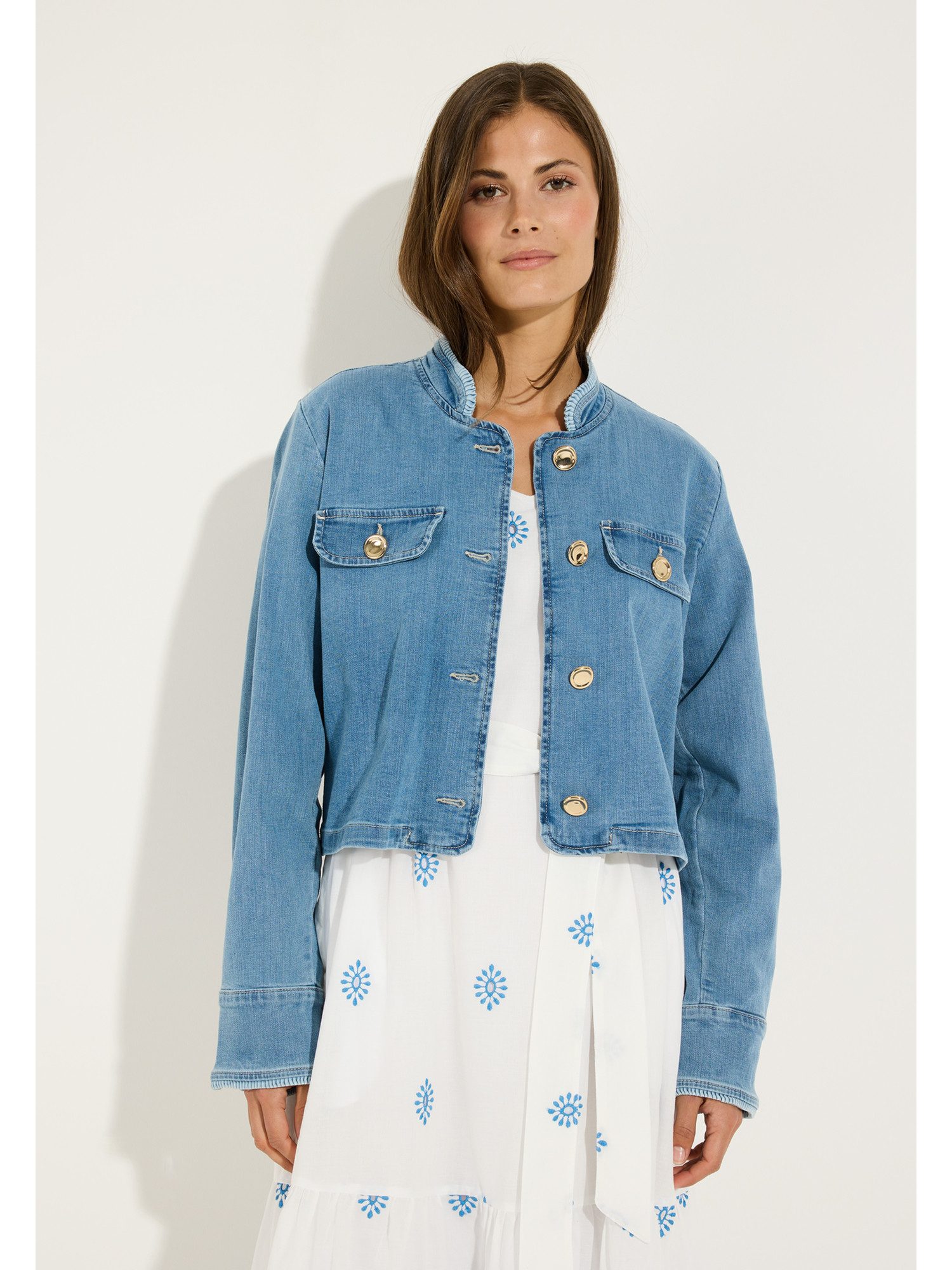 MORE&MORE Jeansjacke kurze, gerade Jeansjacke, Rüschen