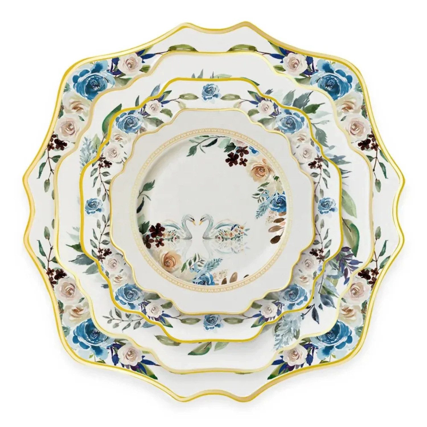 Quality Elegance Teller-Set Exquisites Blumengeschirr Set – Bone China Goldrand Luxus (4-tlg)