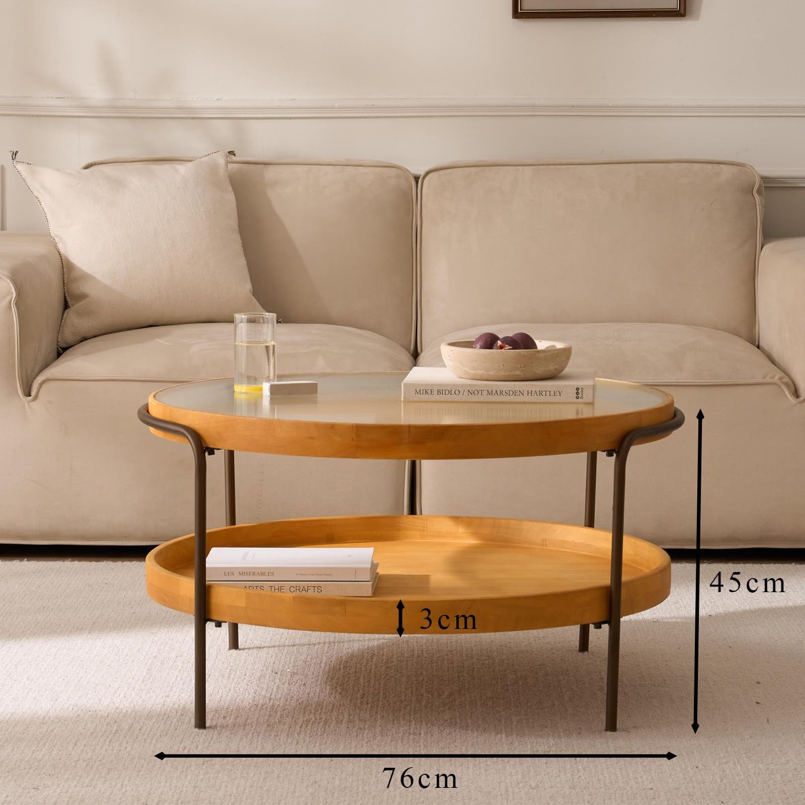 Cagnolier Couchtisch Rund 2-Tier Wohnzimmertisch mit Stauraum (1-St), Runder Tisch aus Holz mit Glas & Metallgestell, Ø76x45cm