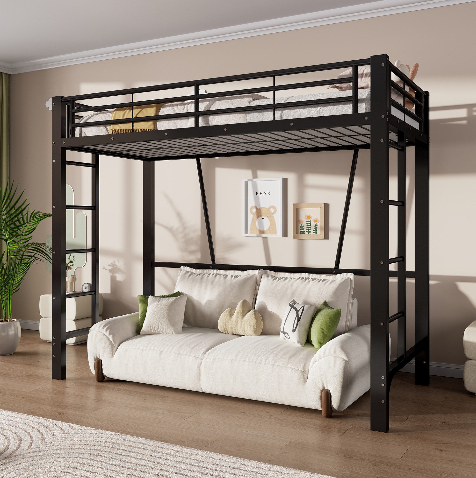 MODFU Hochbett Eisenbett mit offener Gestaltung unter dem Bett, Jugendbett (90x200 cm, Funktionsbett mit sicherer Doppelleiter, Metallbett) ohne Matratze