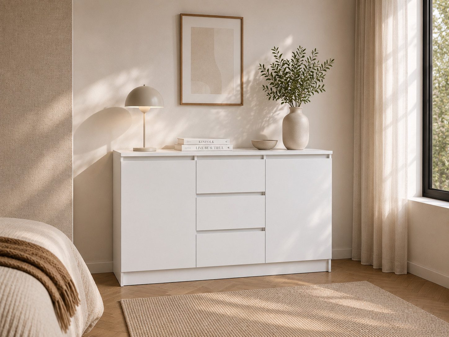 MOEBLO Kommode LOSKO 2D3S (Schubladenkommode -120 cm breit, mit 2 Türen, 3 Schubladen, 6 Einlegeböden, grifflos, Weiß oder Kaschmir), (BxHxT): 120 x 86 x 42 cm