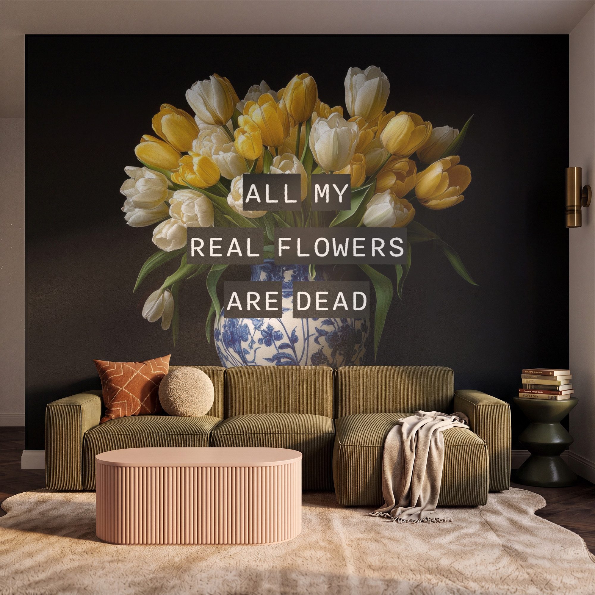 OnlyWow Fototapete Zitate - Blume - Tulpe - Gelb, Matt, bedruckt, Wohnzimmer, Schlafzimmer, Wanddekoration, Vliestapete 350x300cm