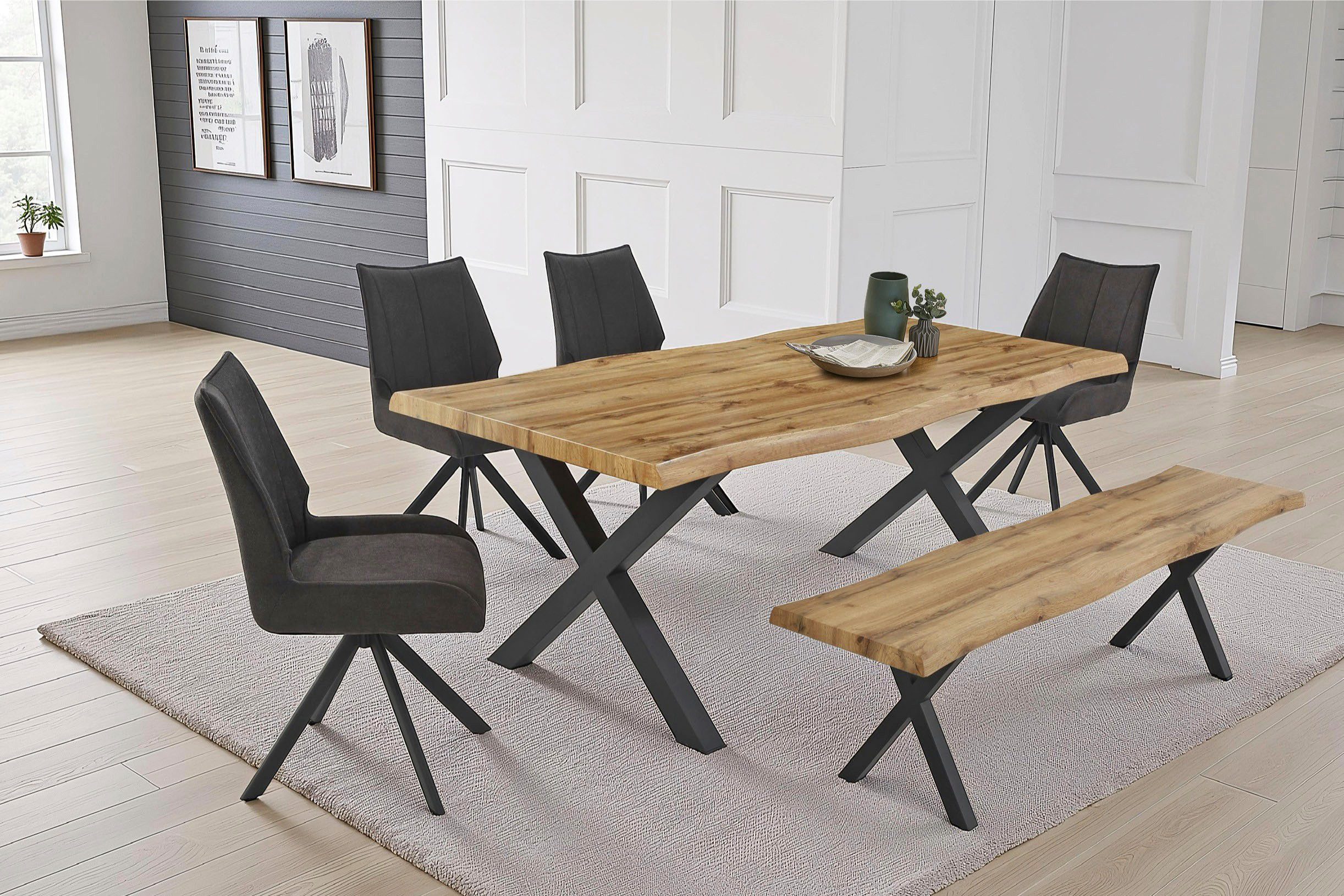 Jockenhöfer Gruppe Essgruppe Marlon, Sitzgruppe, (Set, 6-tlg, Tisch, Bank und 4 Stühle), Tischplatte und Bank Wildeiche, Stuhl anthrazit