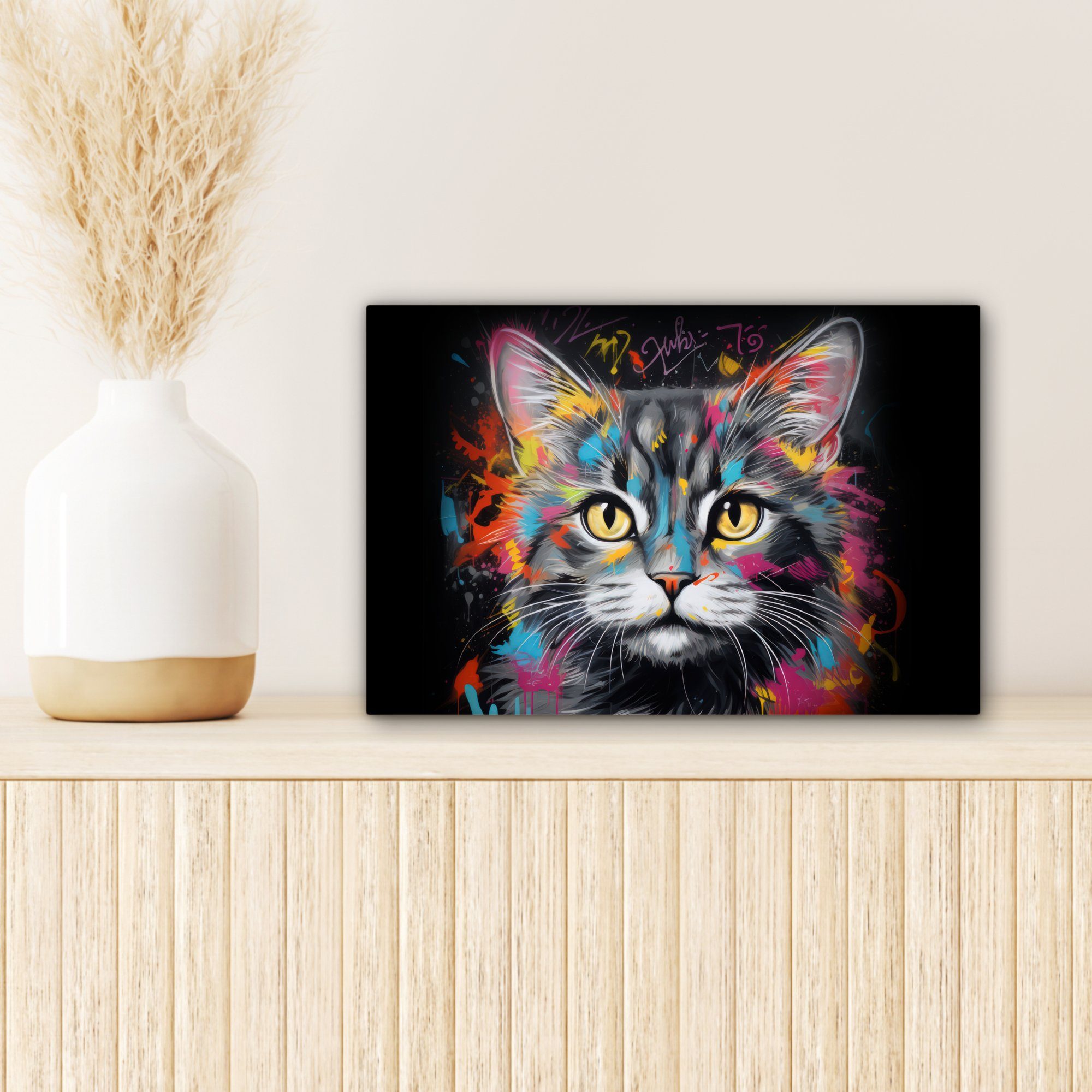 (1 Leinwandbild - St), Leinwandbilder, Wandbild - Graffiti 30x20 Wanddeko, cm - Grau, - Farben OneMillionCanvasses® Katze Tiere Aufhängefertig,