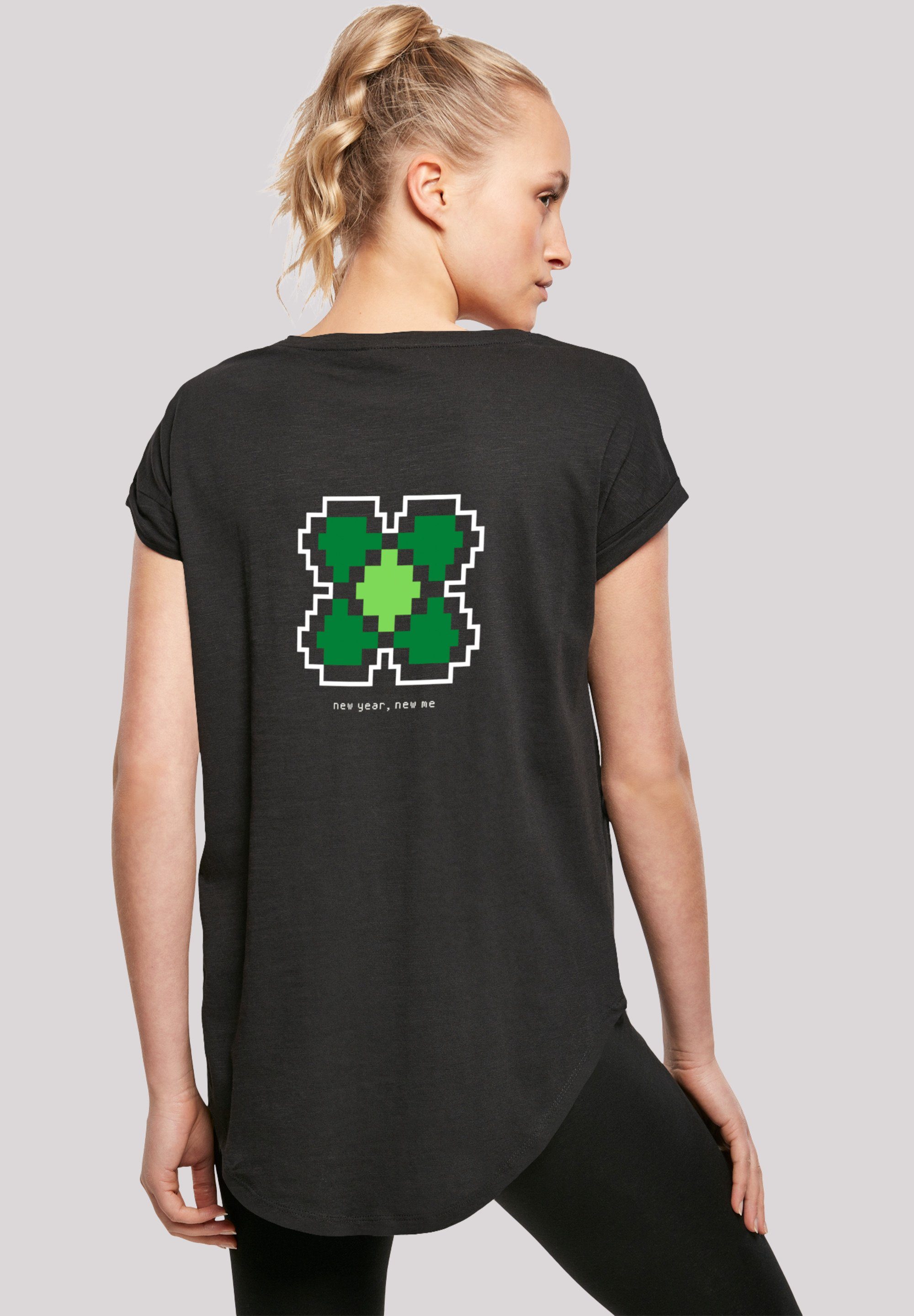Hinten T-Shirt geschnittenes F4NT4STIC Happy Kleeblatt Damen T-Shirt Pixel extra lang Year Print, Silvester New