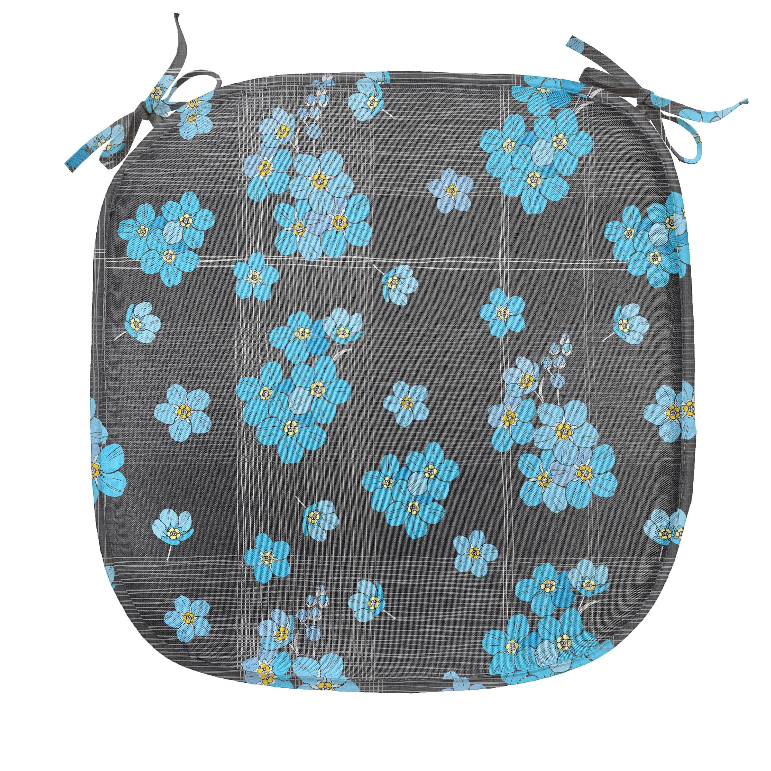 Abakuhaus Stuhlkissen Dekoratives wasserfestes Kissen mit Riemen für Küchensitze, Blume Blaue Blüten auf Gitter