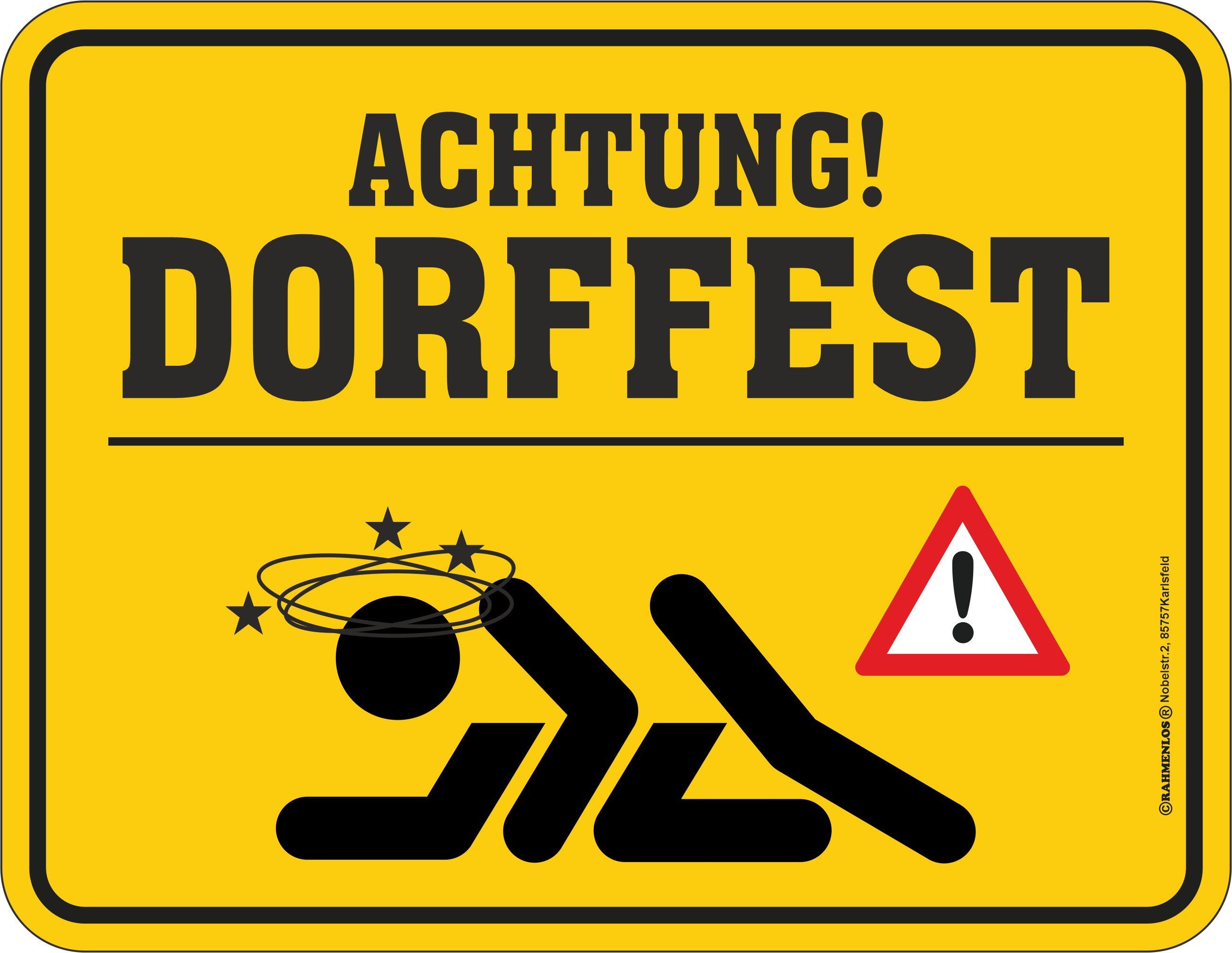 RAHMENLOS® Metallschild für Dorfkinder: Achtung Dorffest - Dorfbewohner kreuzen