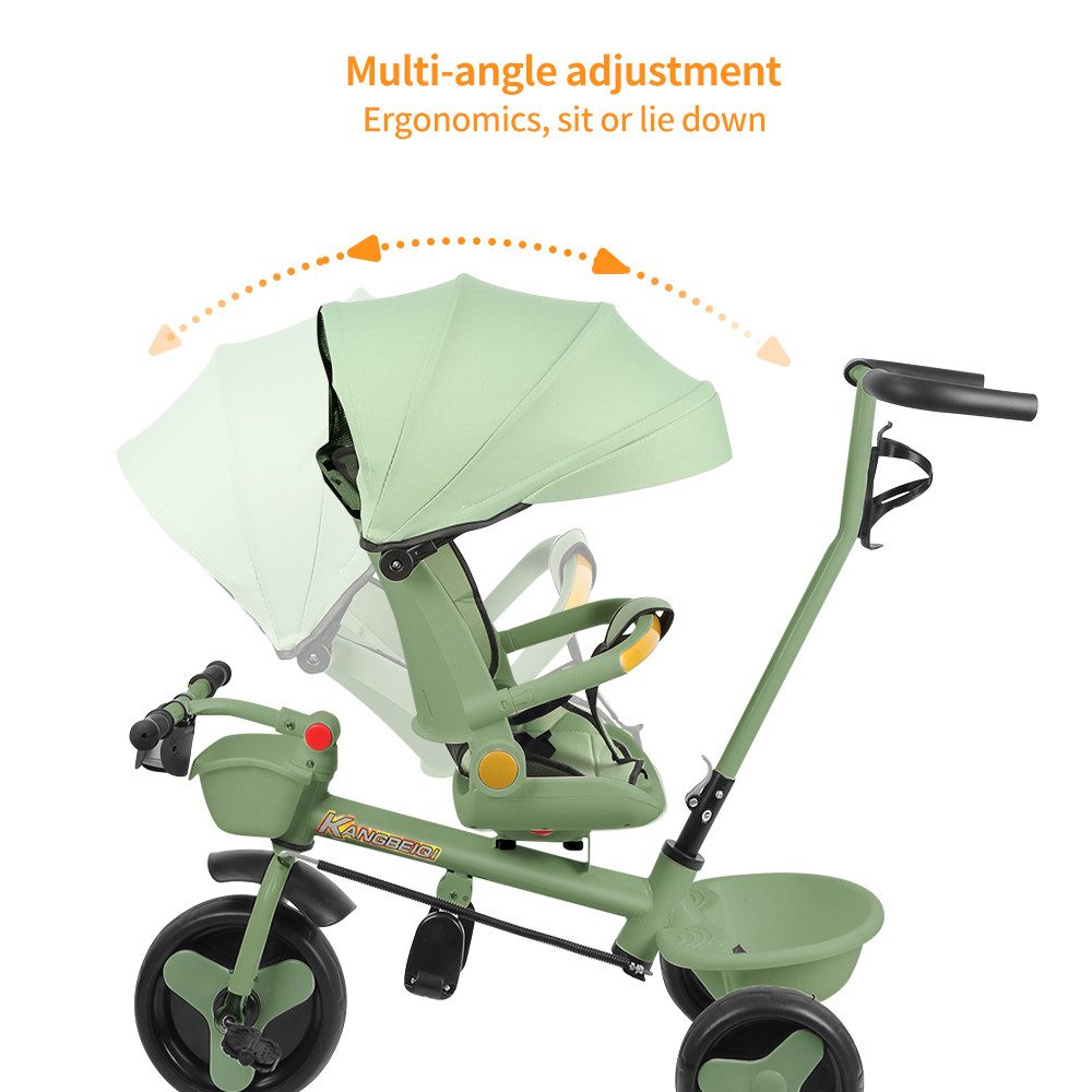 JEOBEST Dreirad Kinderdreirad mit Schubstange Baby Kinderwagen, Drehbarer Sitz, Verdeck mit Sonnenschutz,Getränkehalter Korb