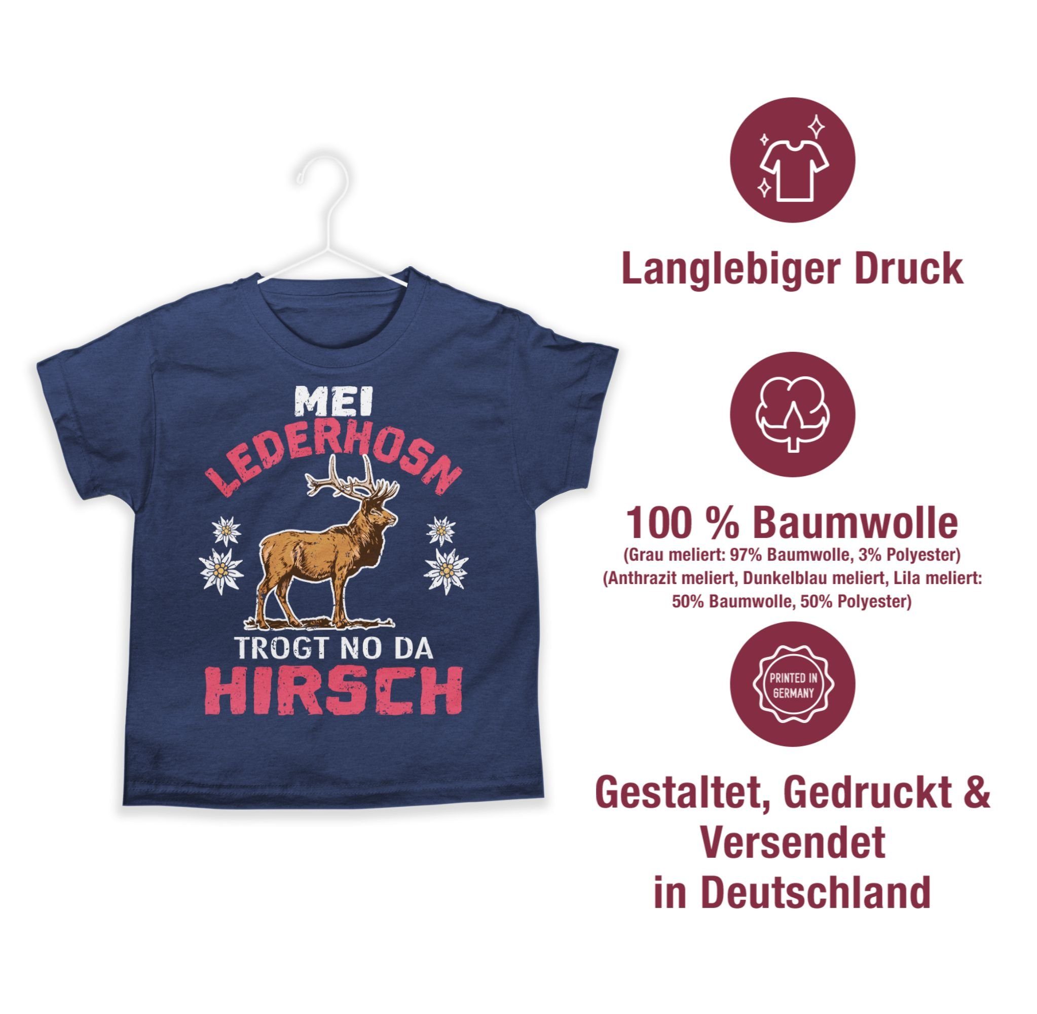 no Shirtracer für da Dunkelblau Meliert Hirsch trogt Outfit 3 - Lederhosn Mode weiß/rot T-Shirt Mei Oktoberfest Kinder