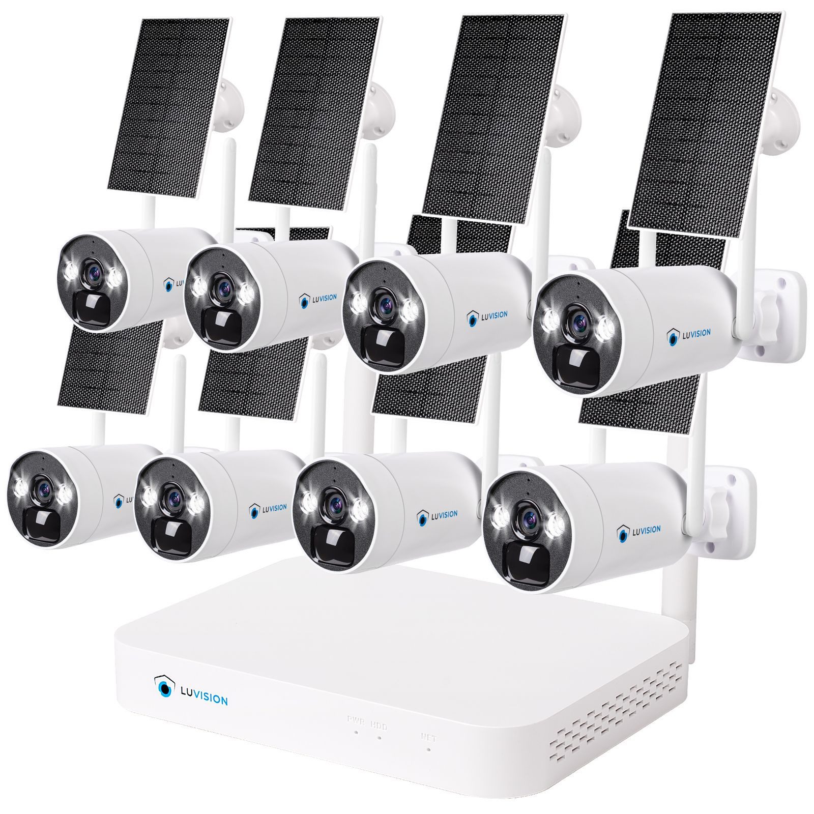 LUVISION Überwachungskamera (Außen- und Innenbereich, 8-tlg., WLAN Solar Akku Überwachungssystem 4MP 8 x Überwachungskamera Mikrofon, Cloud, 2-Wege Audio, 10 Kanal NVR, Solarpanel, Batterie, Smartlicht)