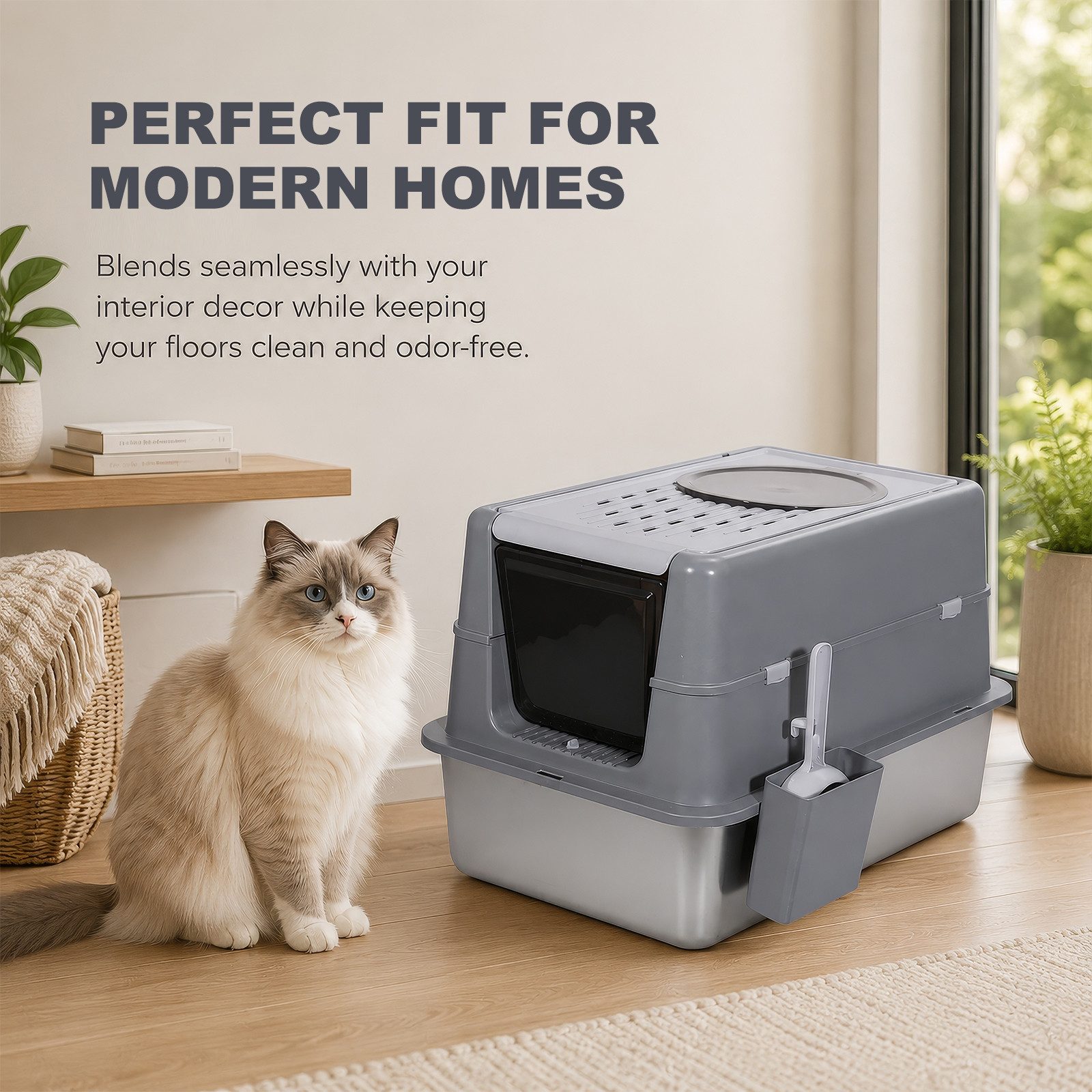 BlingBin Katzentoilette Katzenklo Edelstahl mit Deckel, XL Katzentoilette mit Streuschaufel, Katzentoilette mit Deckel und Schaufel, für Katzen bis 15 kg