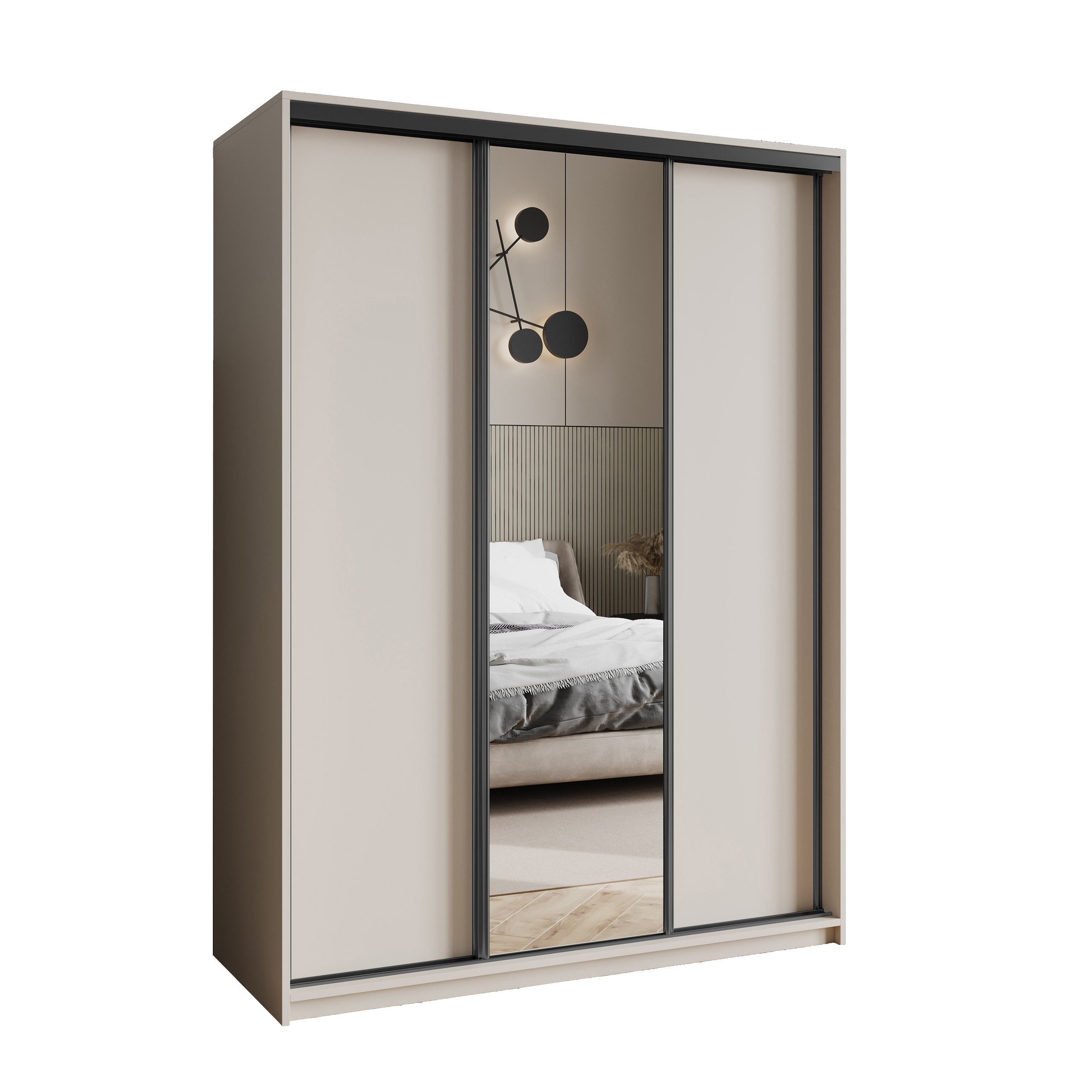 Masseno Schwebetürenschrank TAVI 150 cm Kleiderschrank mit Spiegel 3 Türen Kaschmir