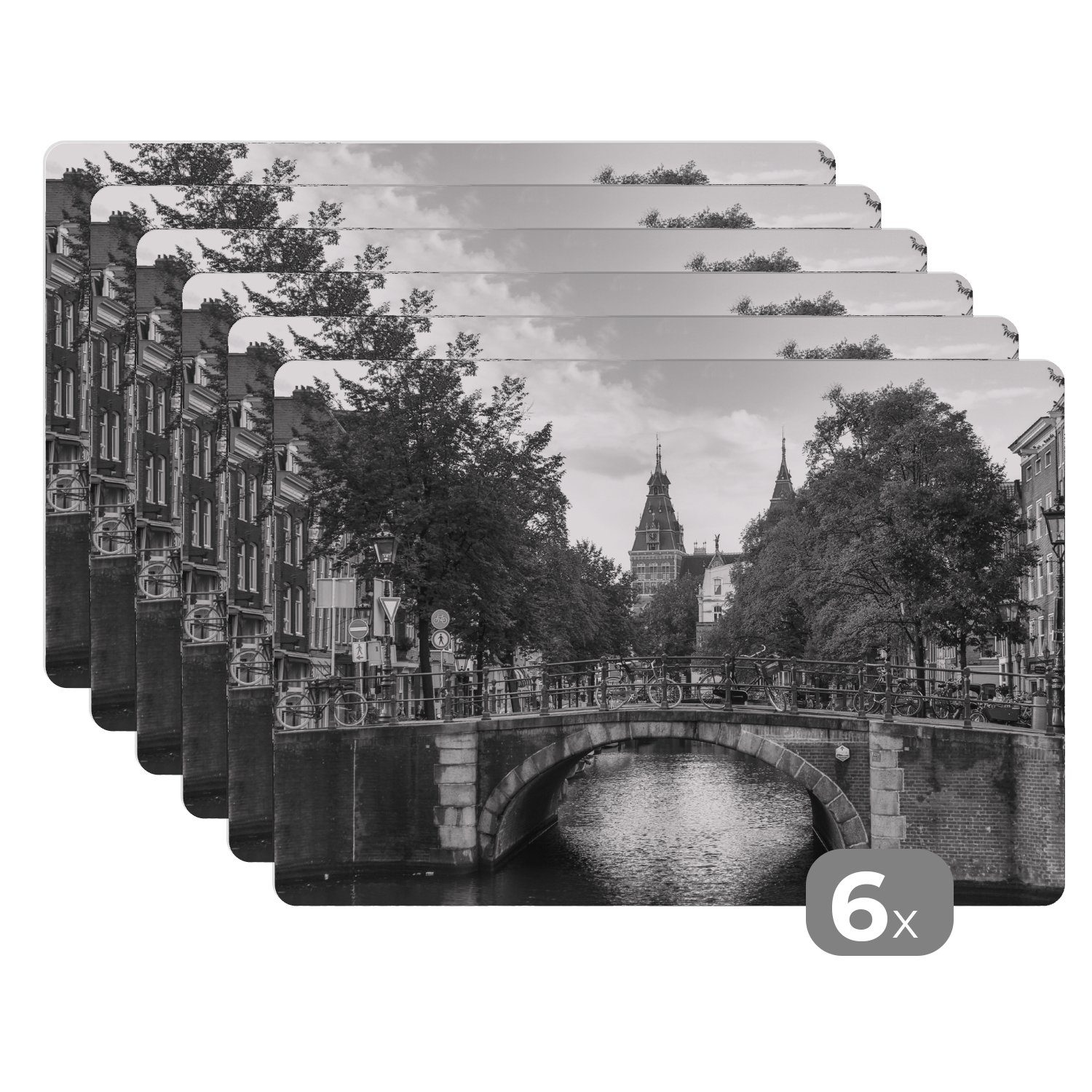 Platzset, Brücke über die Prinsengracht in Amsterdam - schwarz und weiß, MuchoWow, (6-St), Platzset, Platzdecken, Platzmatte, Tischmatten, Schmutzabweisend