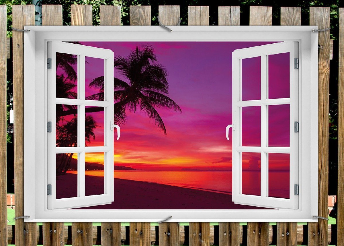 Thumbnail - Wallario Sichtschutzzaunmatten Abendrot unter Palmen - pinker Himmel am Strand, mit Fenster-Illusion