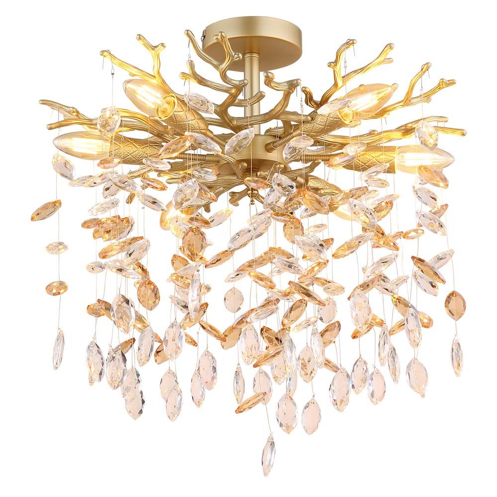 GLOBO LIGHTING Deckenleuchte, Leuchtmittel nicht inklusive, Deckenleuchte Metall goldfarben matt Glaskristalle amber kla