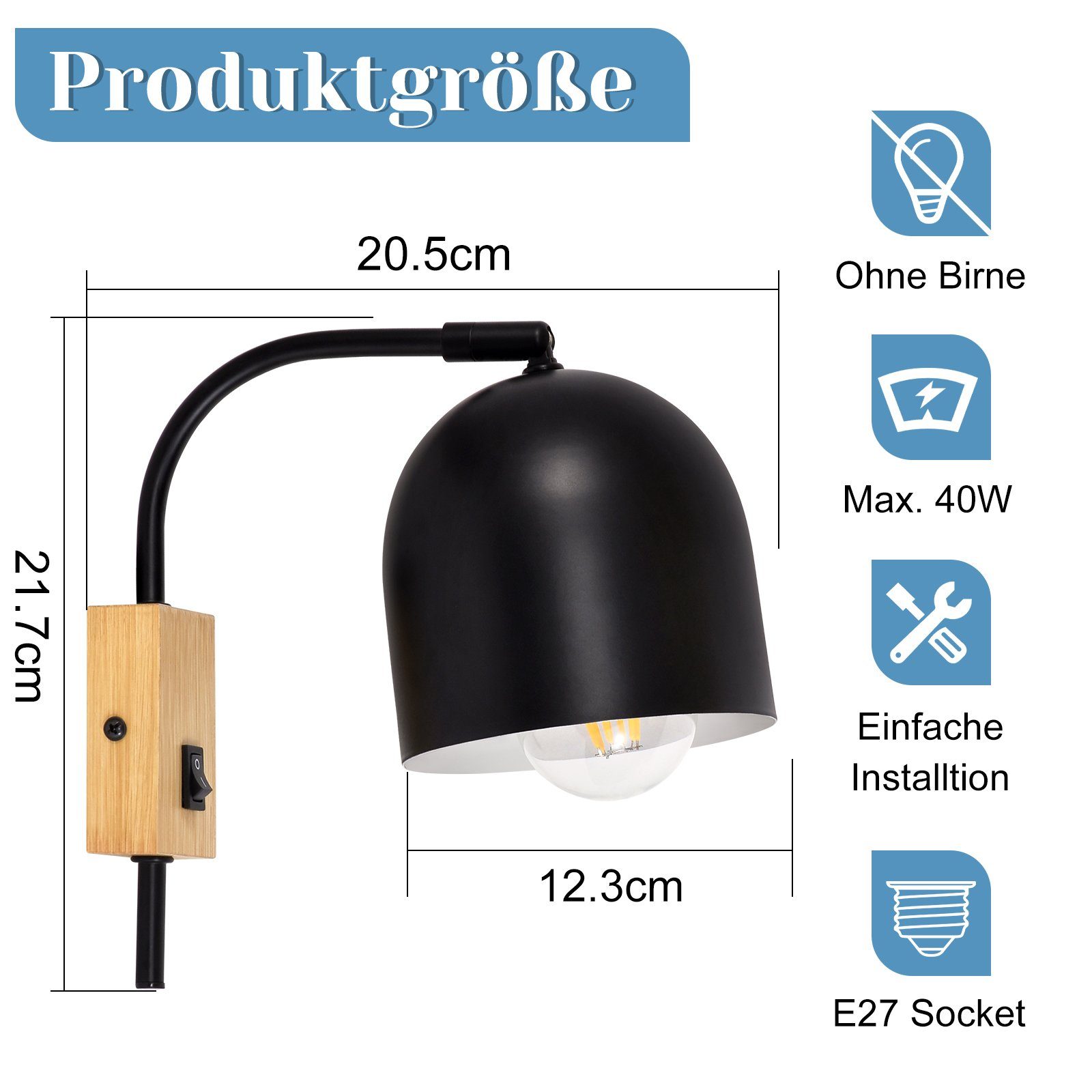 Nettlife Wandleuchte Innen Holz Schwarz/Weiß Schalter Retro Wandlampe Holzschirm, Schwenkbar 330°, ohne Leuchtmittel, für Flur Kinderzimmer Wohnzimmer Schlafzimmer Treppe