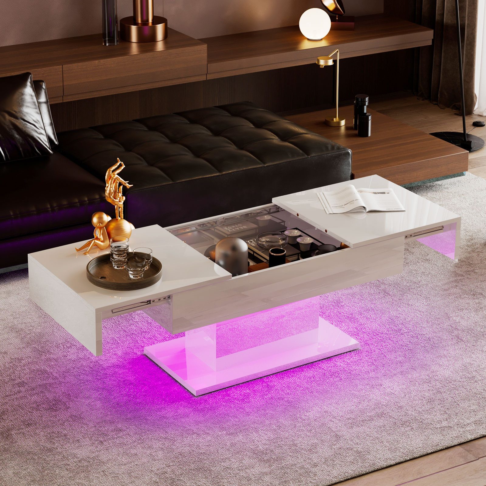 radelldar Couchtisch Hochglanz ausziehbar, 108-175x53x49cm (1-St), Wohnzimmertisch mit Stauraum für Sofa, LED-Beleuchtung – Bild 5 von 5