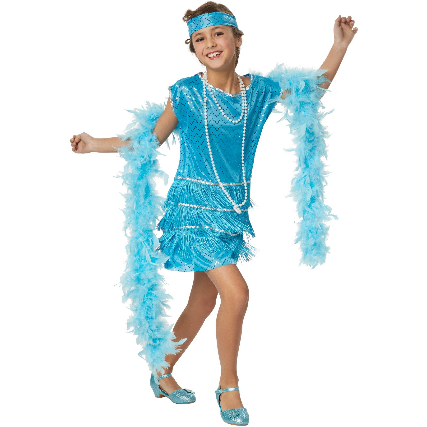 dressforfun Kostüm Musikerin, auch Tänzerin, in der Farbe blau, Gr. 140 (9-10 Jahre), Stilechtes Outfit der 20er Jahre, Kurzes ärmelloses Kleid in Türkis
