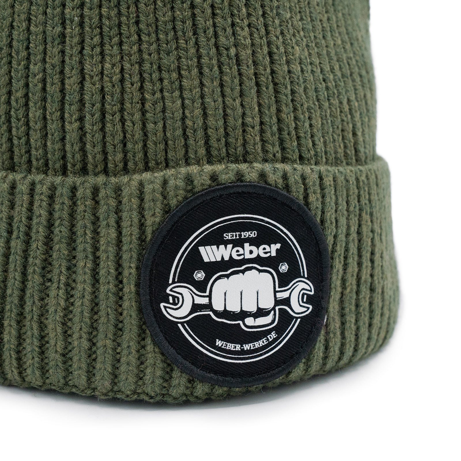 Weber GmbH Beanie Weber #Werkeholics Beanie grün (1-St) mit Logo, grün, mit breitem Umschlag