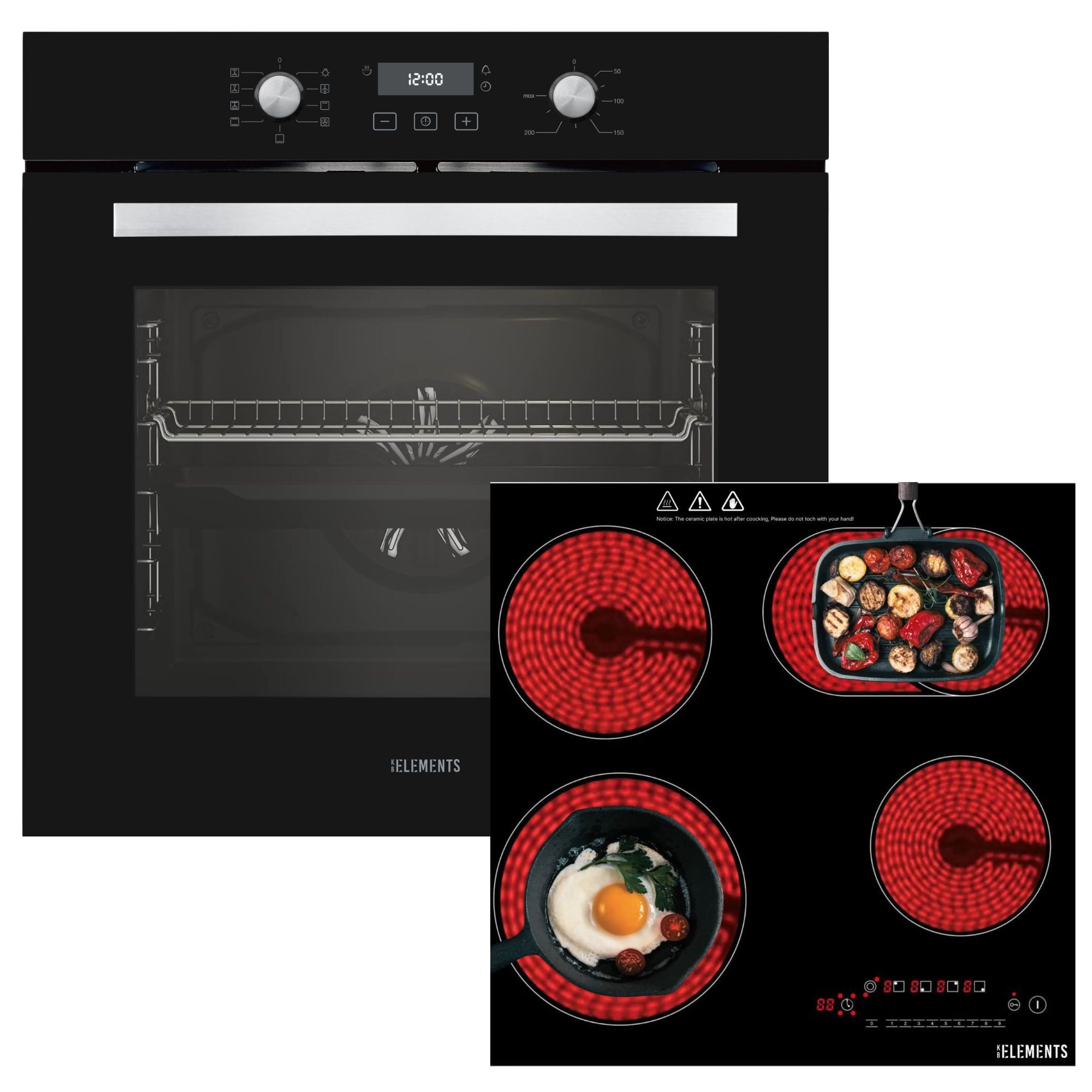 KB Elements Elektro-Herd-Set Einbaubackofen 60 cm mit 4-Zonen Glaskeramik Kochfeld 60 cm, Aqua Clean, Circle Fan Heater, Wide-Screen-Window