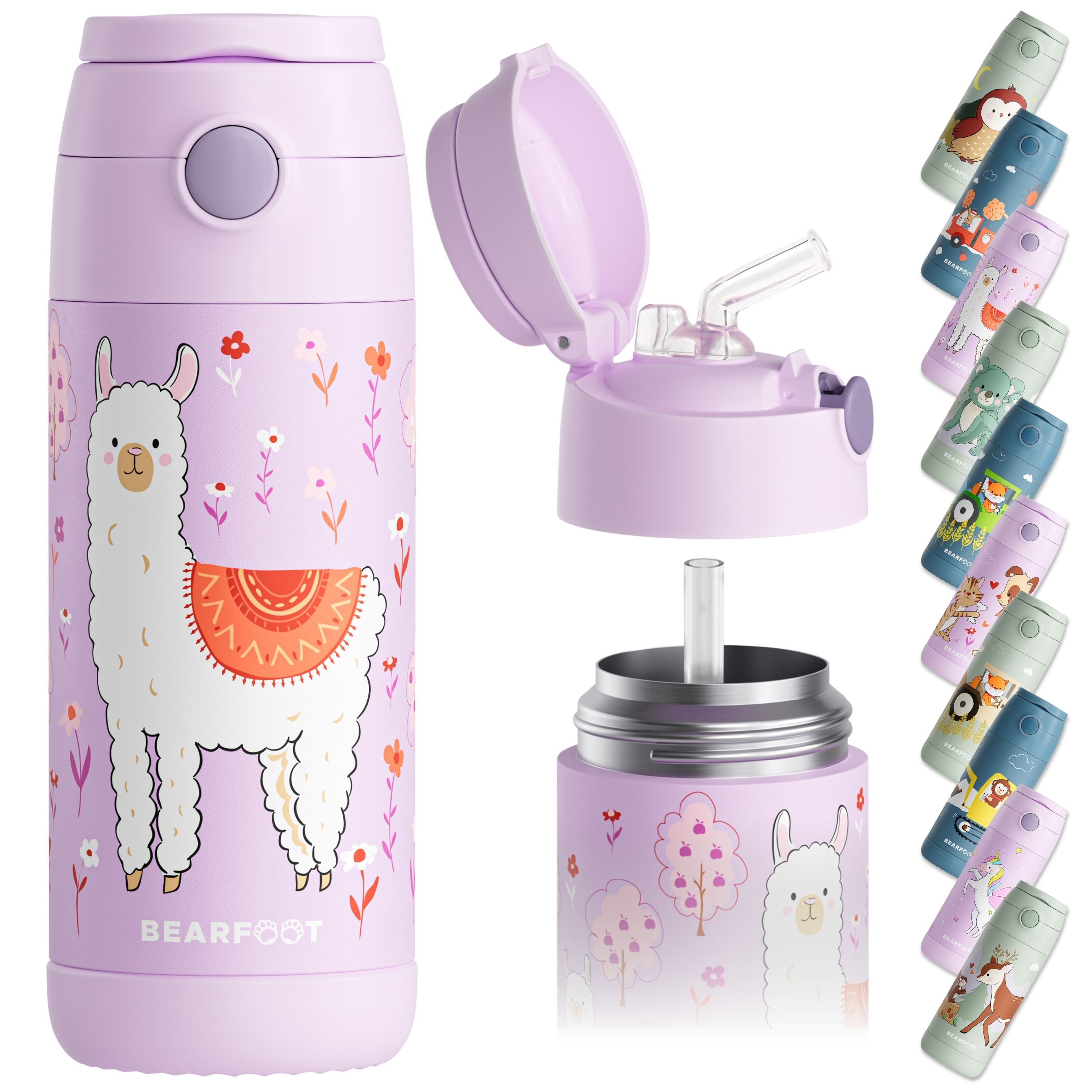 BEARFOOT Trinkflasche Thermo Kinder Trinkflasche Edelstahl - Lama lila, Thermosflasche, auslaufsicher, Edelstahl, Kinderflasche, BPA-frei