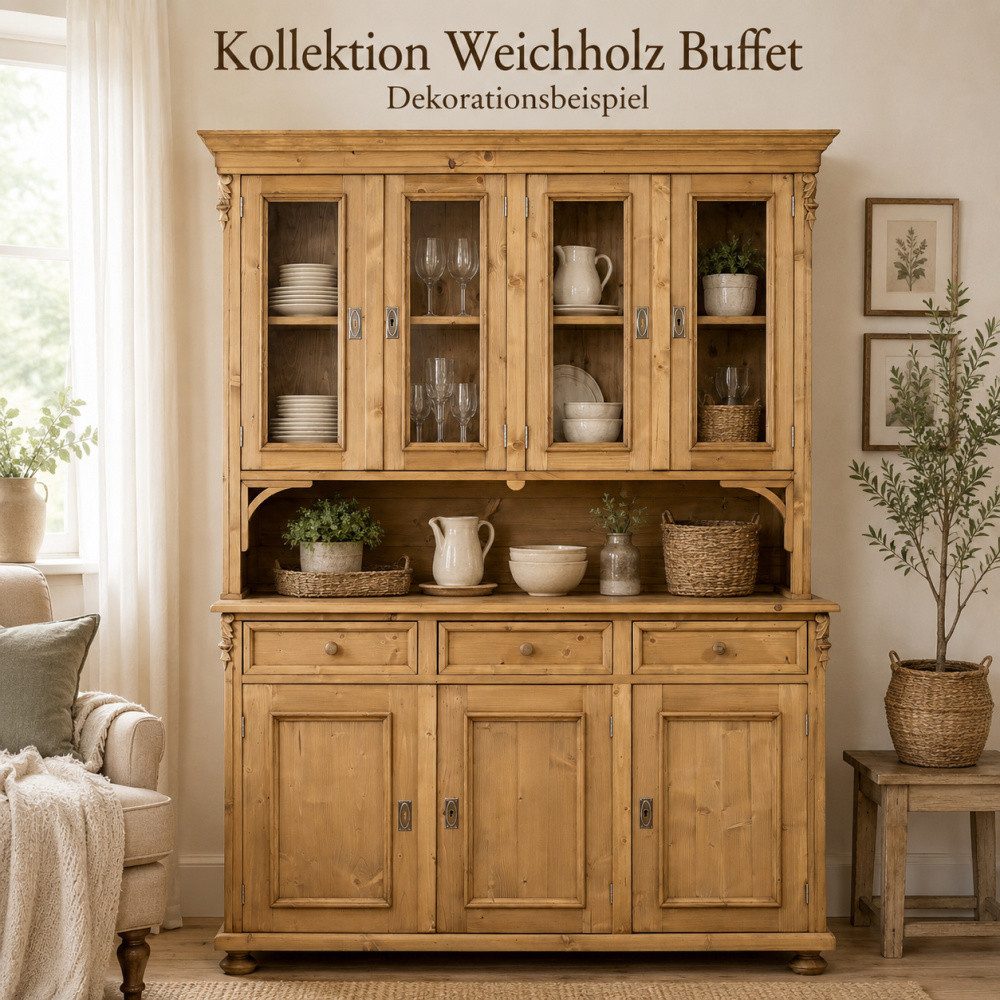 Wohnpalast Buffet Buffetschrank Landhaus gewachst 160 cm aus massivem Weichholz Vitrinen