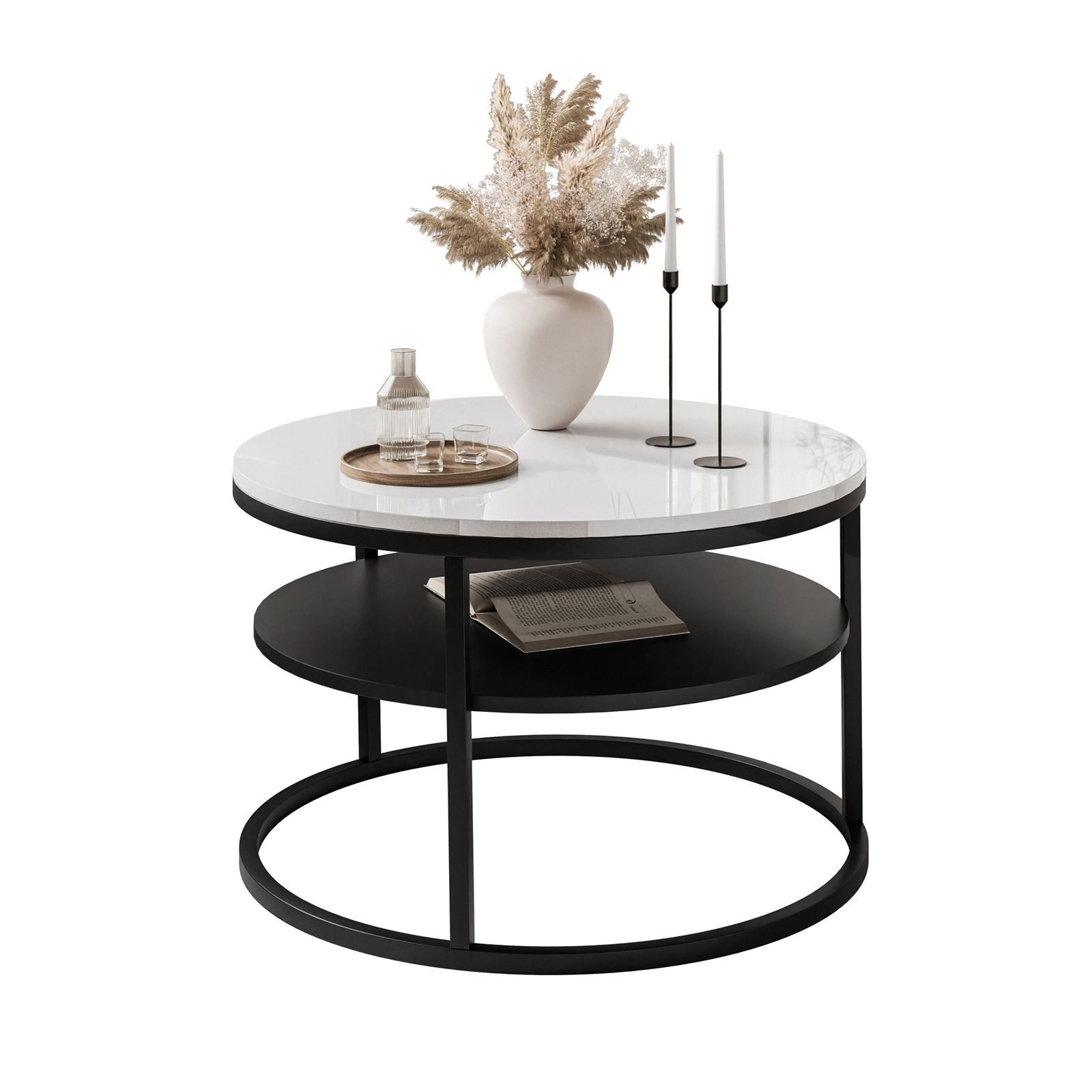 Lookway Couchtisch Ciri 60 mit Ablage, schwarzem Gestell und Hochglanzplatte (1 Tische), Durchmesser: ⌀60 cm, Höhe: 42 cm